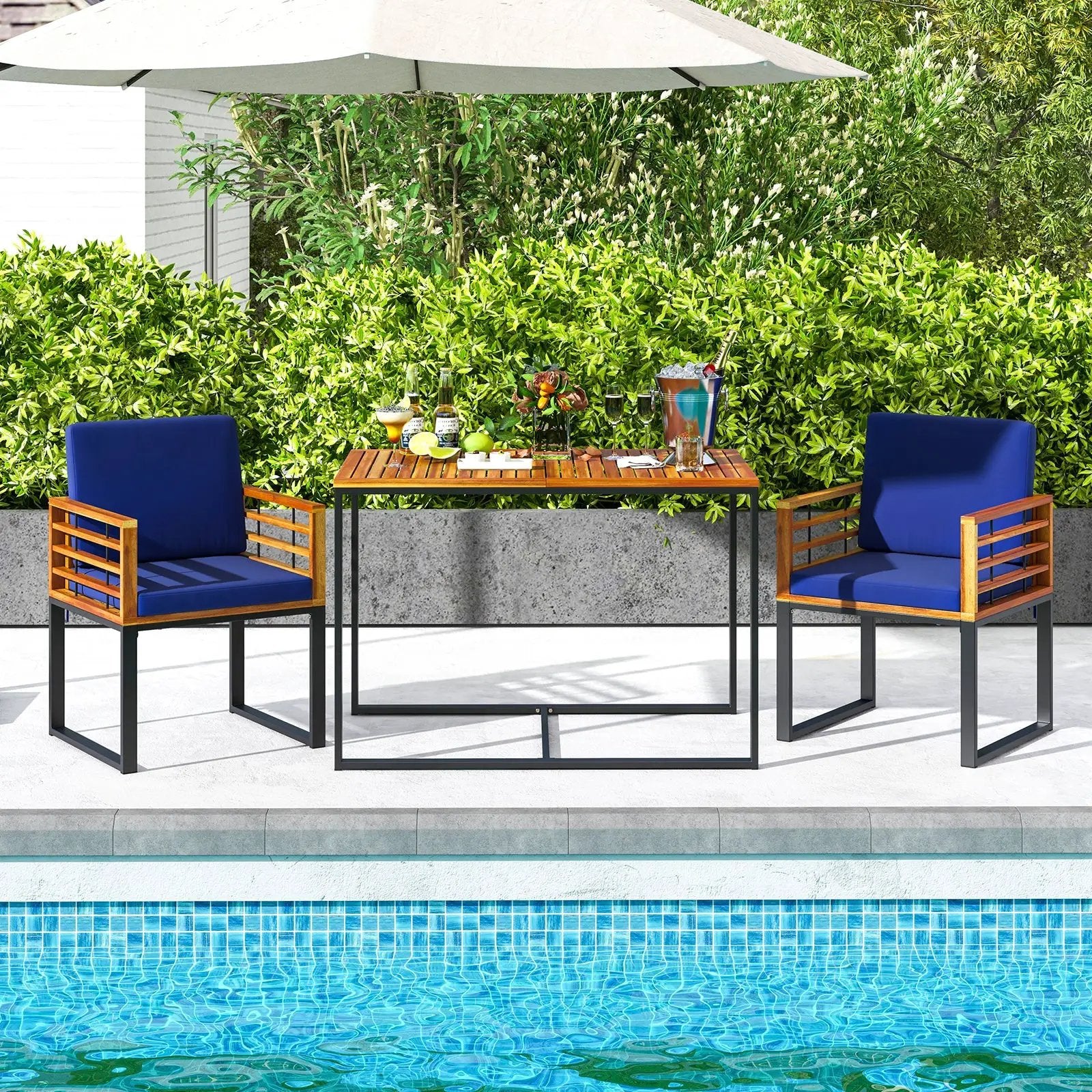 Acacia Wood Outdoor Dining Chairs Set of 2 with Soft Cushions-Navy by DirectDeals