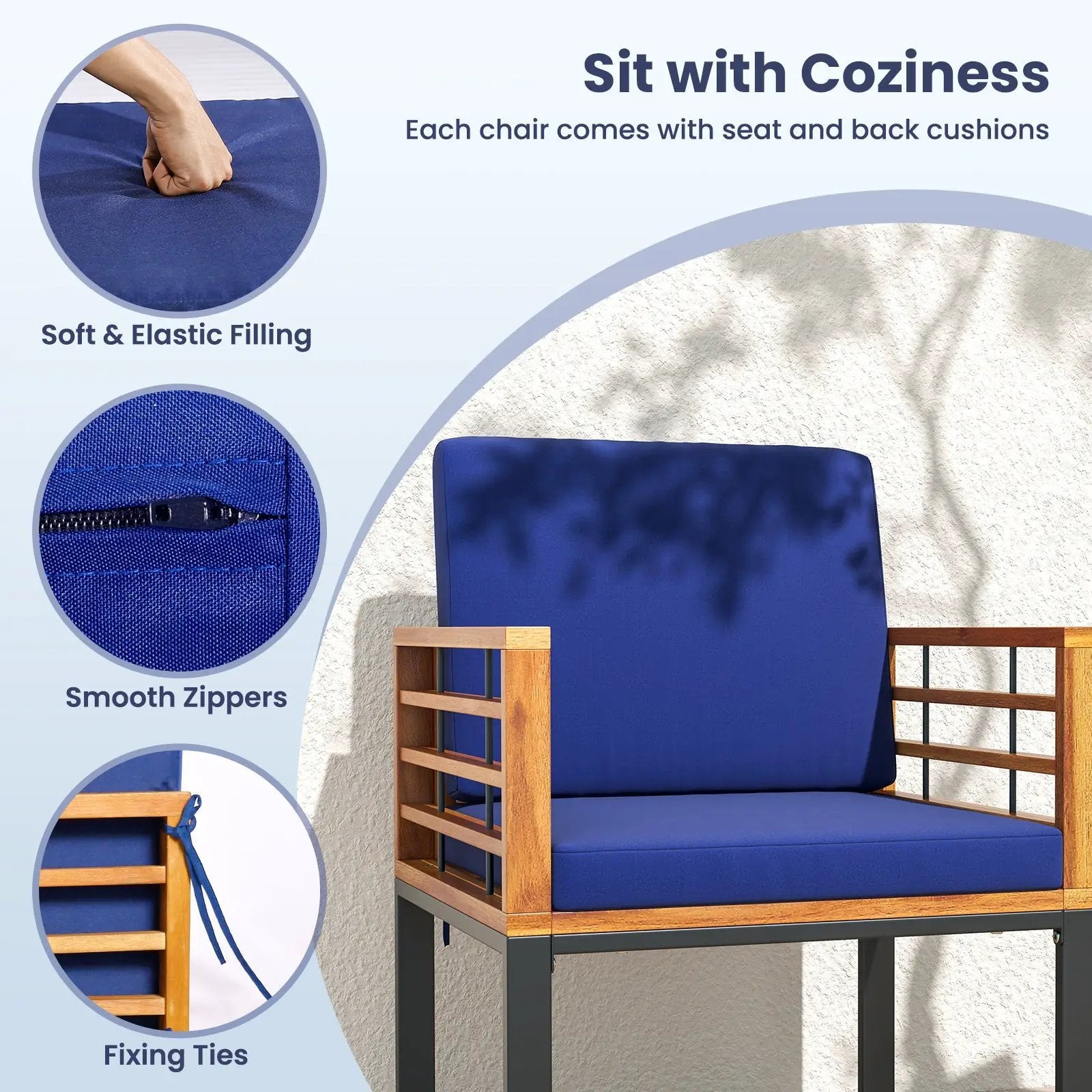 Acacia Wood Outdoor Dining Chairs Set of 2 with Soft Cushions-Navy by DirectDeals