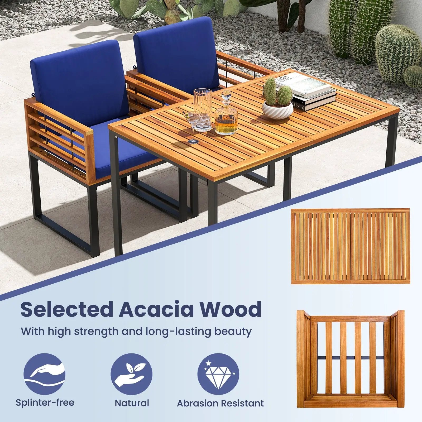Acacia Wood Outdoor Dining Chairs Set of 2 with Soft Cushions-Navy by DirectDeals