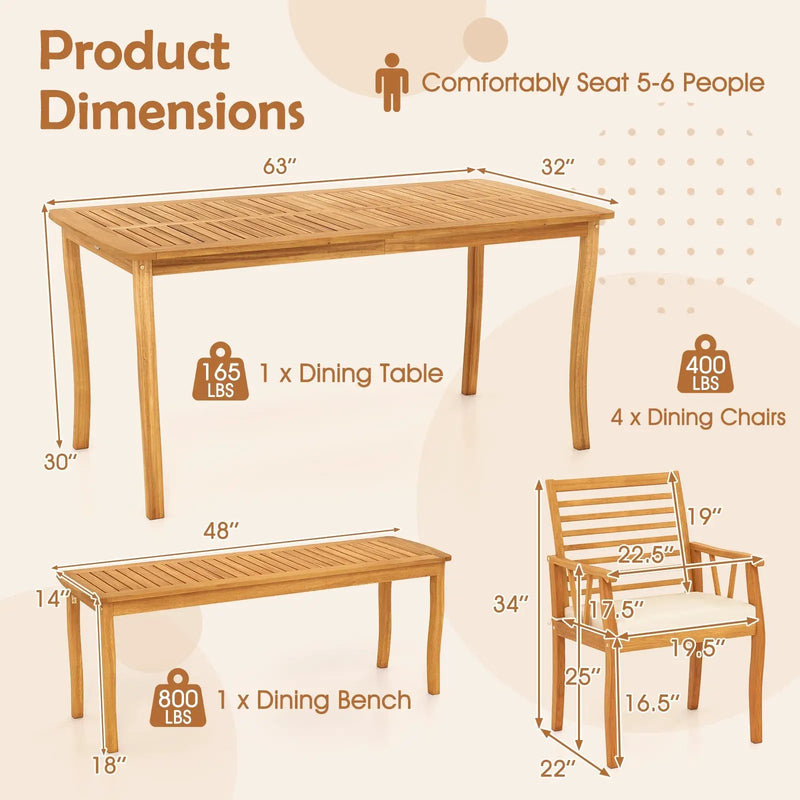 Acacia Wood Outdoor Table and Bench Chairs Set with 1.97 Inch Umbrella Hole by DirectDeals
