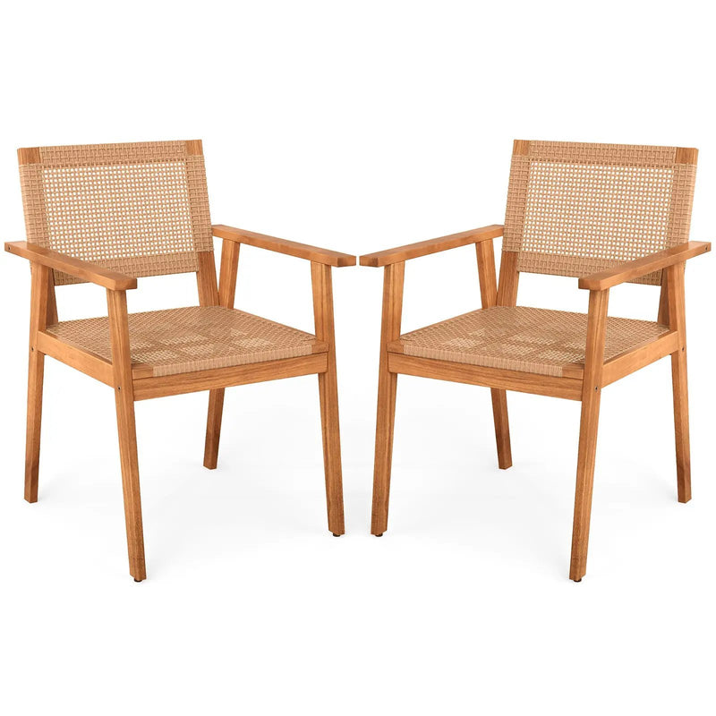 Acacia Wood Outdoor Dining Chairs Set of 2 PE Rattan Patio Chairs with Backrests and Armrests by DirectDeals