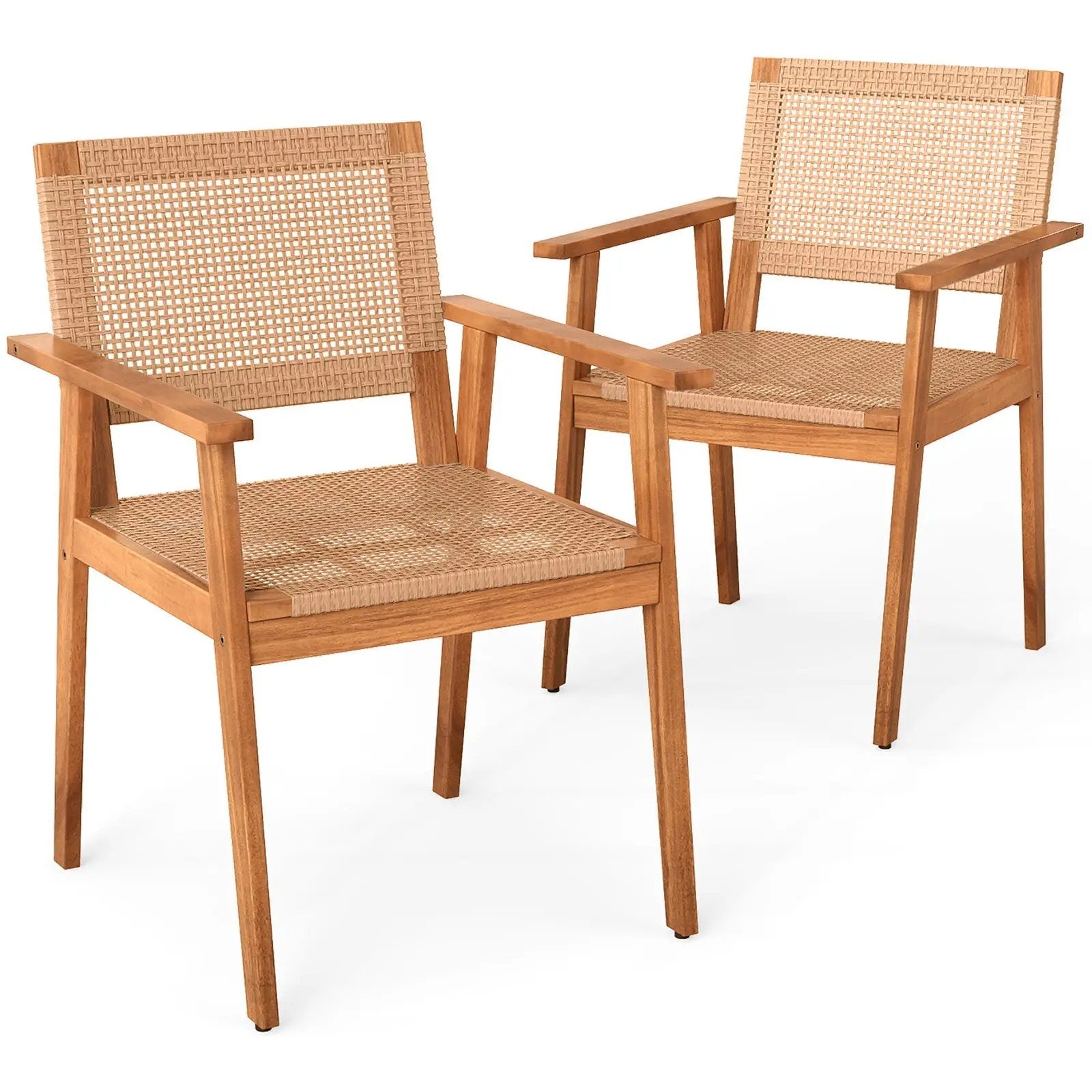 Acacia Wood Outdoor Dining Chairs Set of 2 PE Rattan Patio Chairs with Backrests and Armrests by DirectDeals