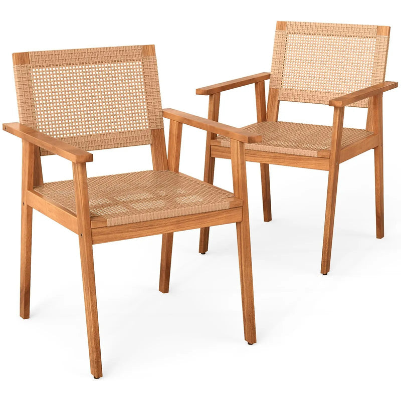 Acacia Wood Outdoor Dining Chairs Set of 2 PE Rattan Patio Chairs with Backrests and Armrests by DirectDeals