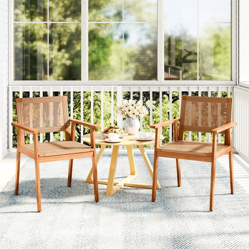 Acacia Wood Outdoor Dining Chairs Set of 2 PE Rattan Patio Chairs with Backrests and Armrests by DirectDeals