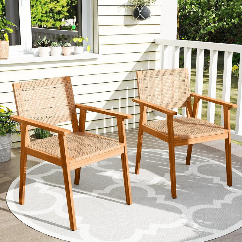 Acacia Wood Outdoor Dining Chairs Set of 2 PE Rattan Patio Chairs with Backrests and Armrests by DirectDeals
