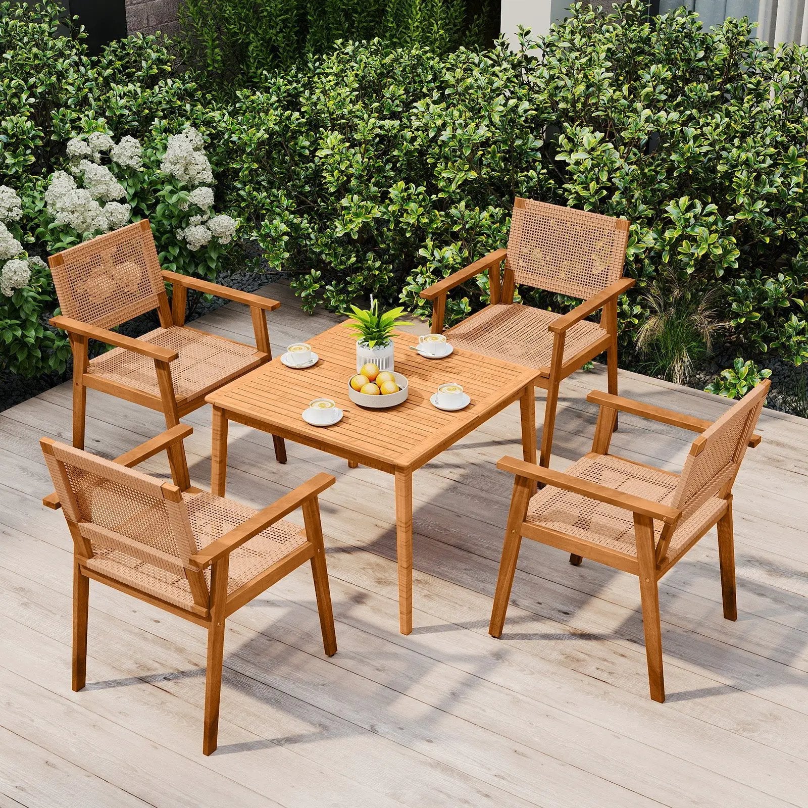 Acacia Wood Outdoor Dining Chairs Set of 2 PE Rattan Patio Chairs with Backrests and Armrests by DirectDeals