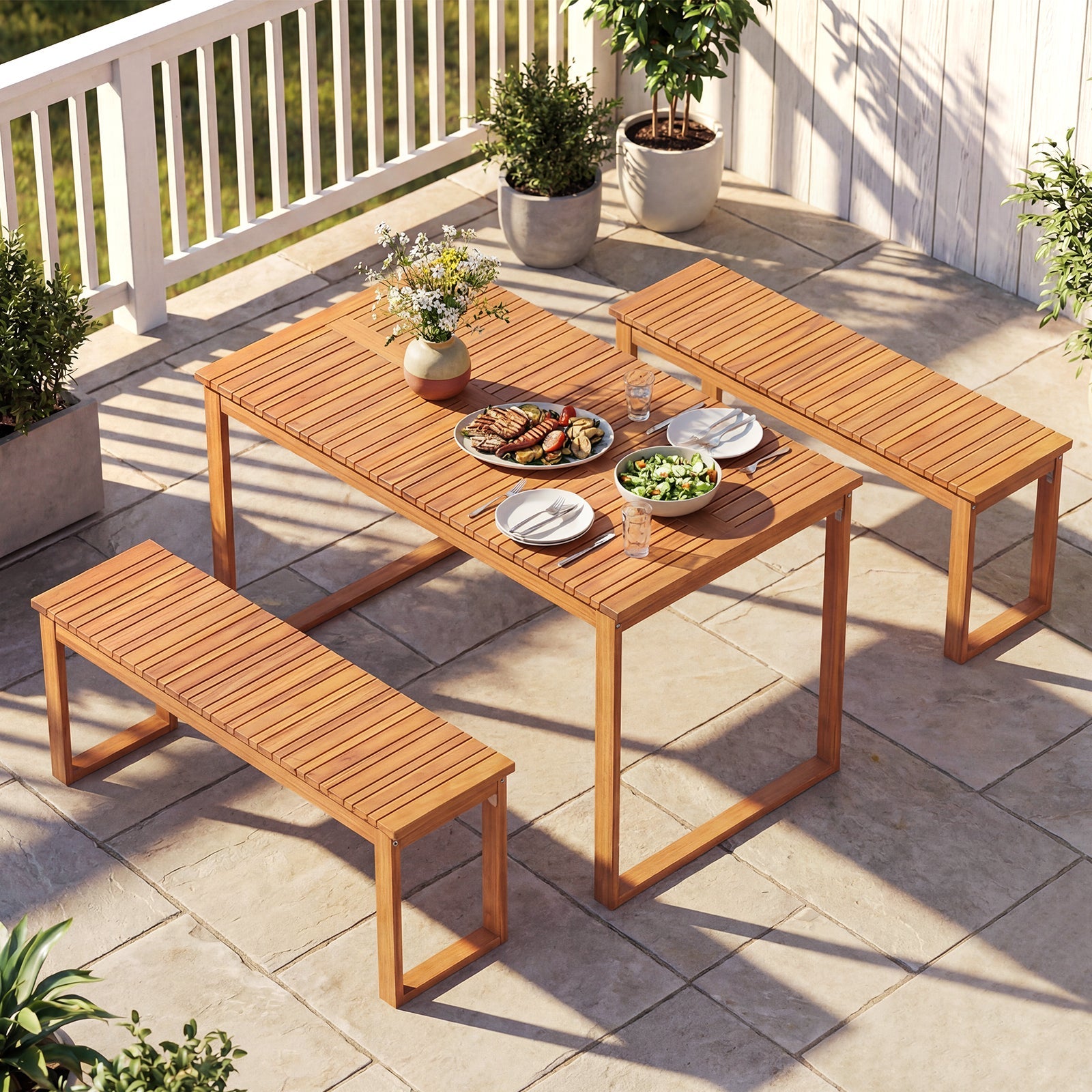 Acacia Wood Outdoor Garden Bench Set of 1/2 with Slatted Seat for Front Porch by DirectDeals