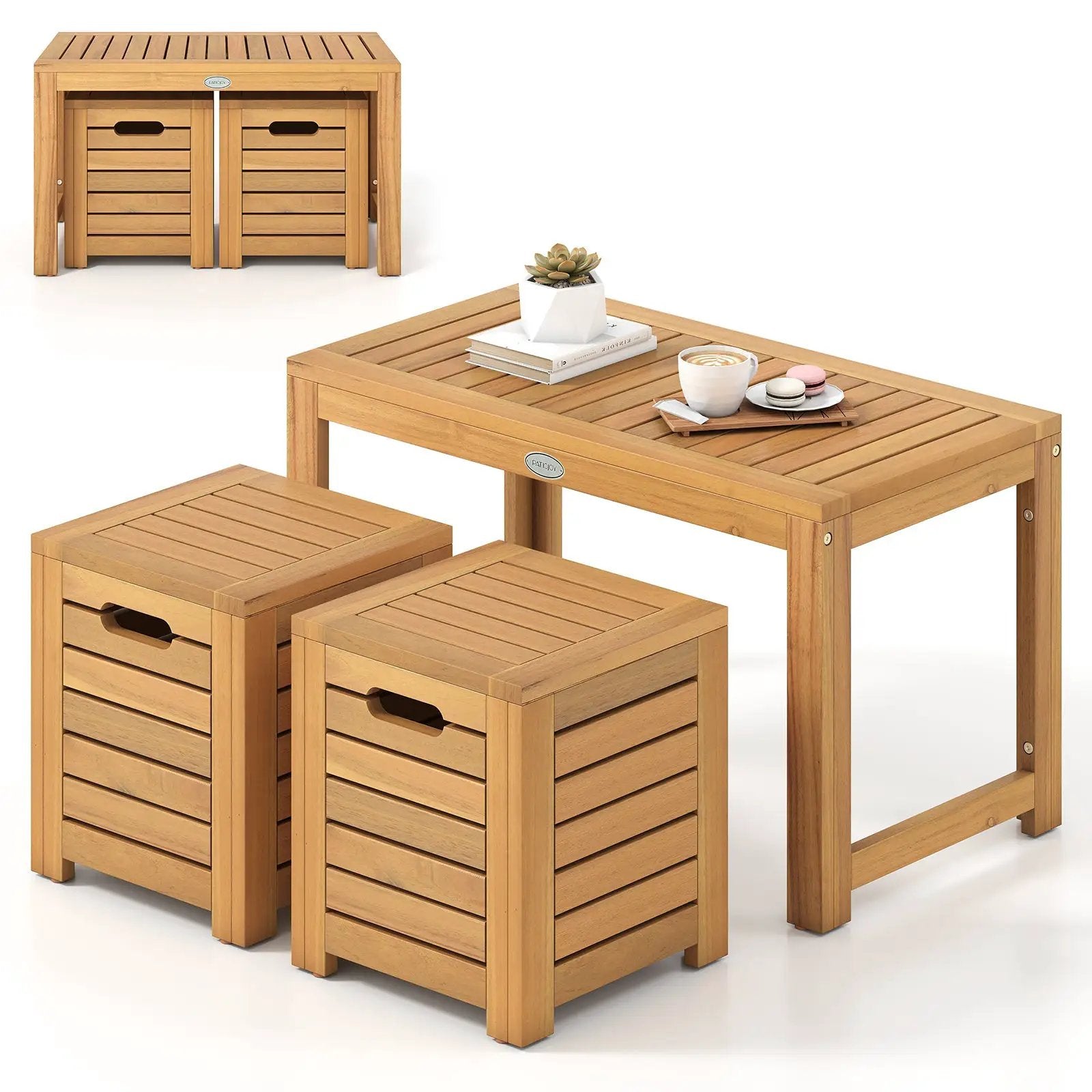 Acacia Wood Outdoor Coffee Table with Stools Set of 2 3 Pieces Patio Table and Stools Set by DirectDeals
