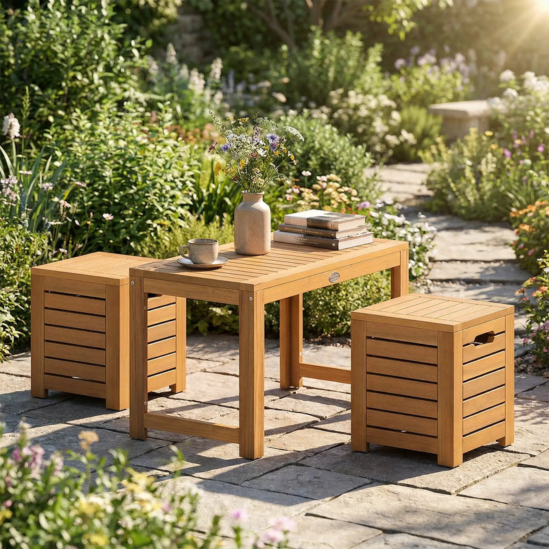 Acacia Wood Outdoor Coffee Table with Stools Set of 2 3 Pieces Patio Table and Stools Set by DirectDeals