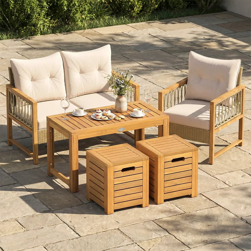 Acacia Wood Outdoor Coffee Table with Stools Set of 2 3 Pieces Patio Table and Stools Set by DirectDeals