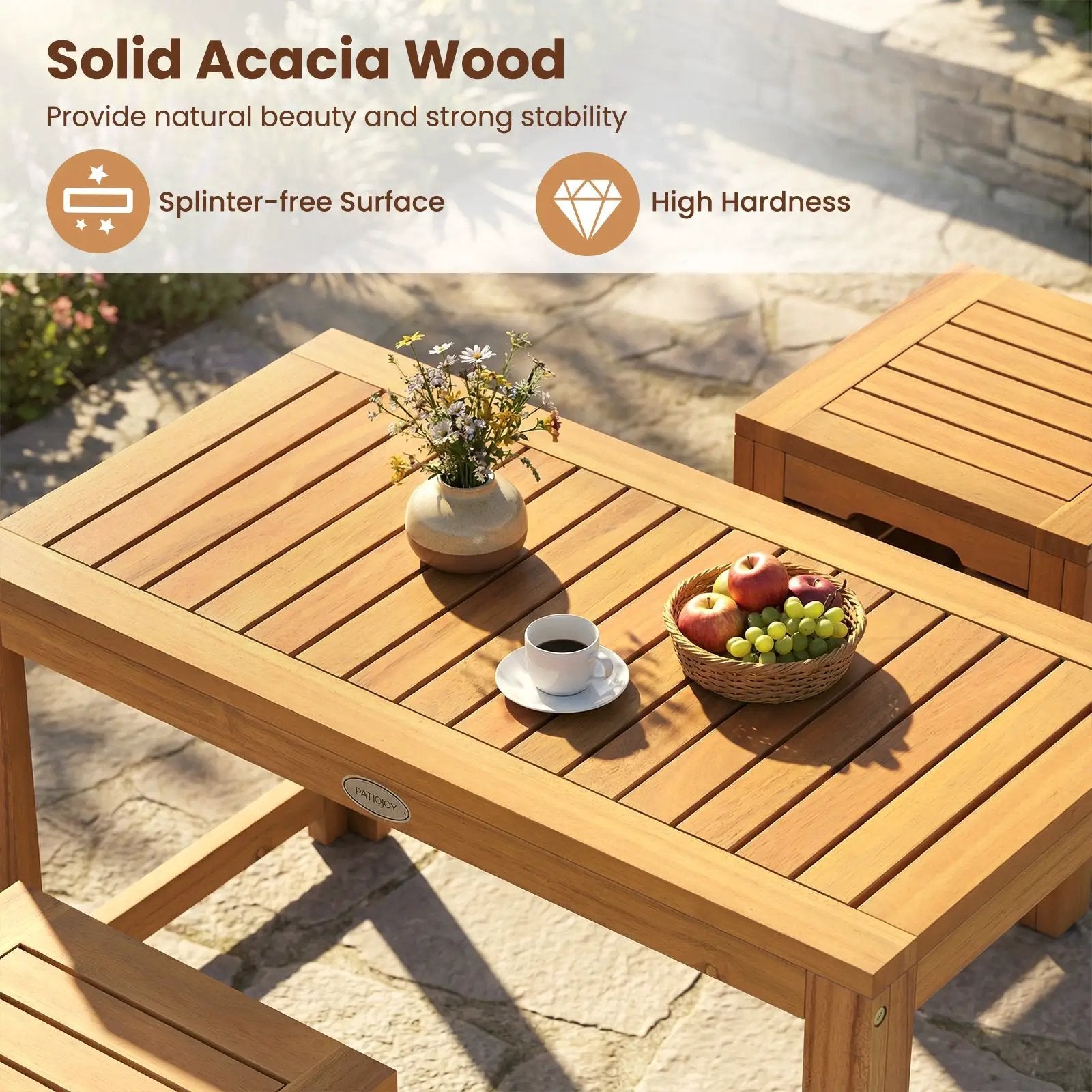 Acacia Wood Outdoor Coffee Table with Stools Set of 2 3 Pieces Patio Table and Stools Set by DirectDeals