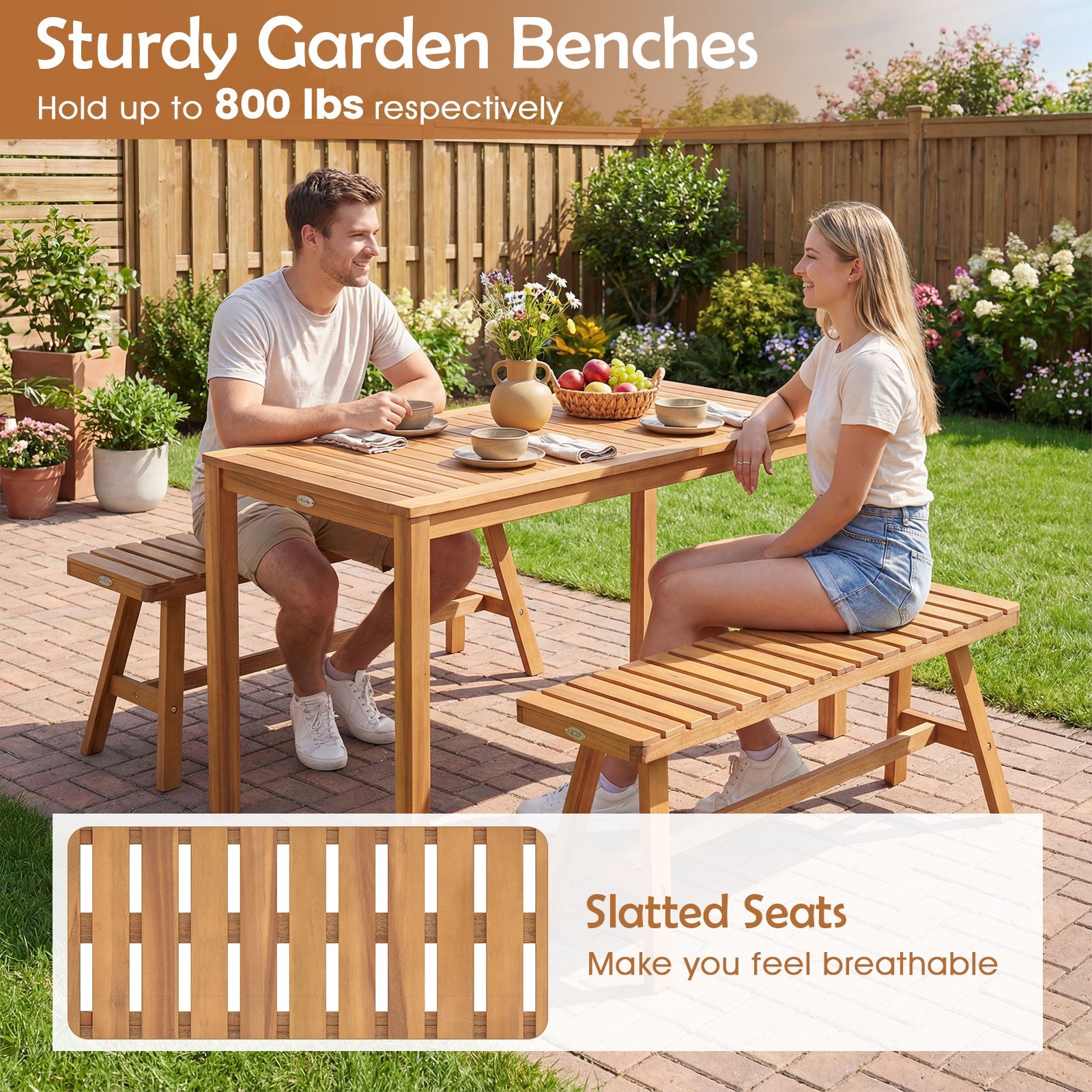 Acacia Wood Outdoor Garden Bench Set of 1/2 with Slatted Seat and 800 lbs Capacity by DirectDeals