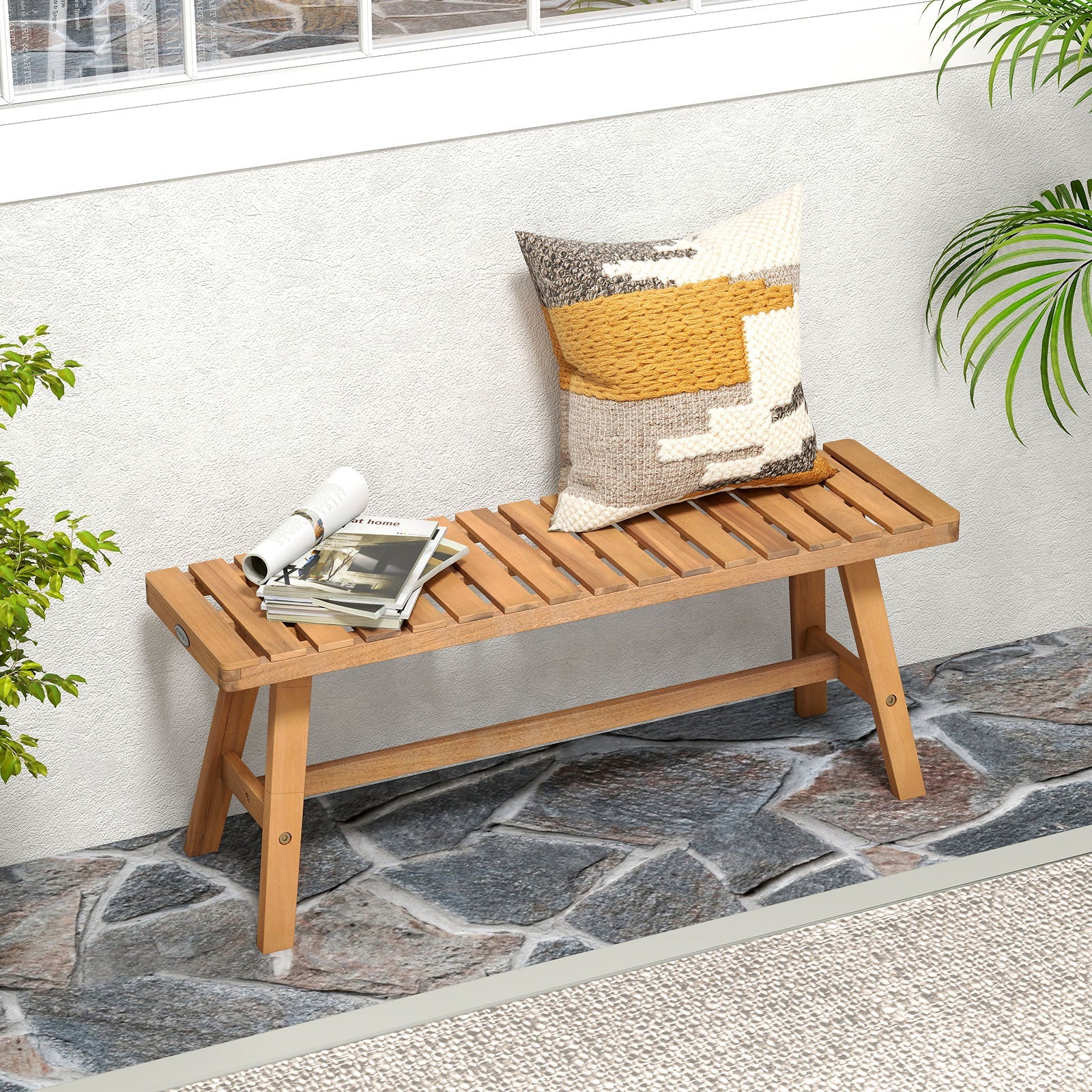 Acacia Wood Outdoor Garden Bench Set of 1/2 with Slatted Seat and 800 lbs Capacity by DirectDeals