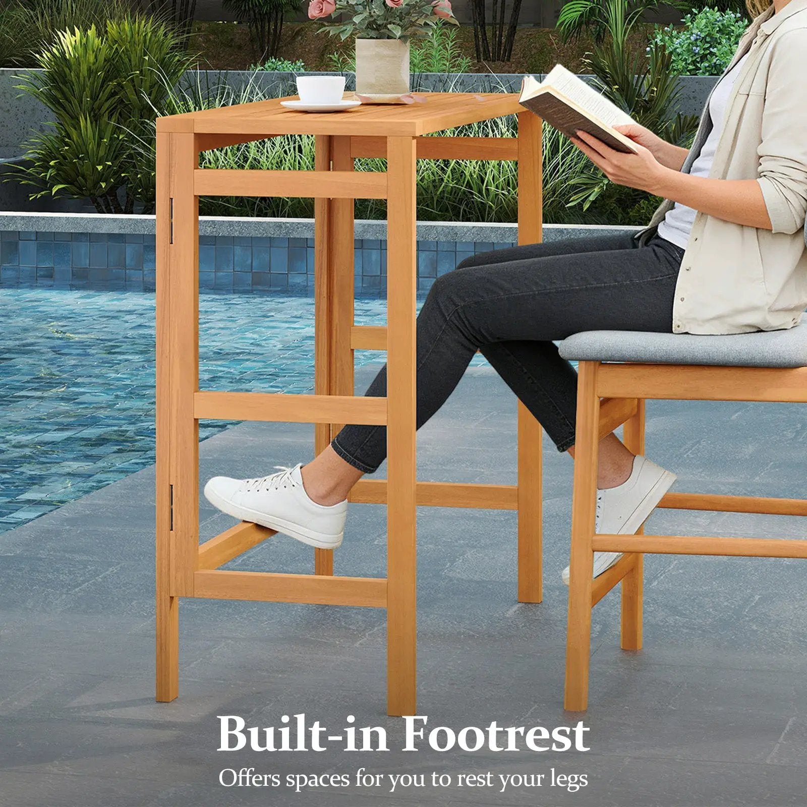Acacia Wood Outdoor Bar Table with Slatted Tabletop for Balcony by DirectDeals