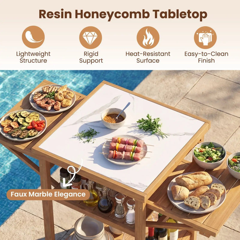 Acacia Wood Outdoor Grill Table with Faux Marble Top and Drop by DirectDeals