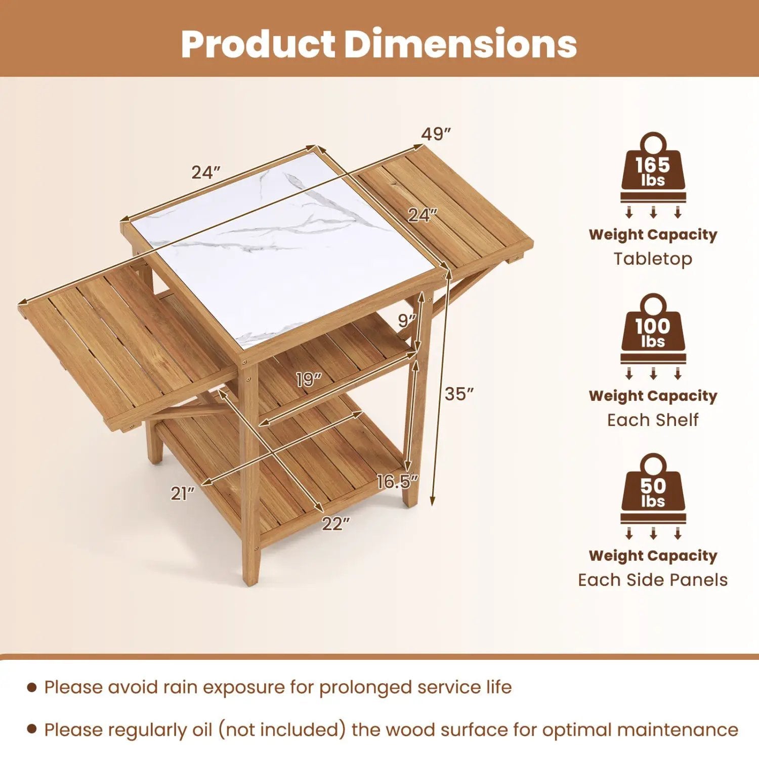 Acacia Wood Outdoor Grill Table with Faux Marble Top and Drop by DirectDeals