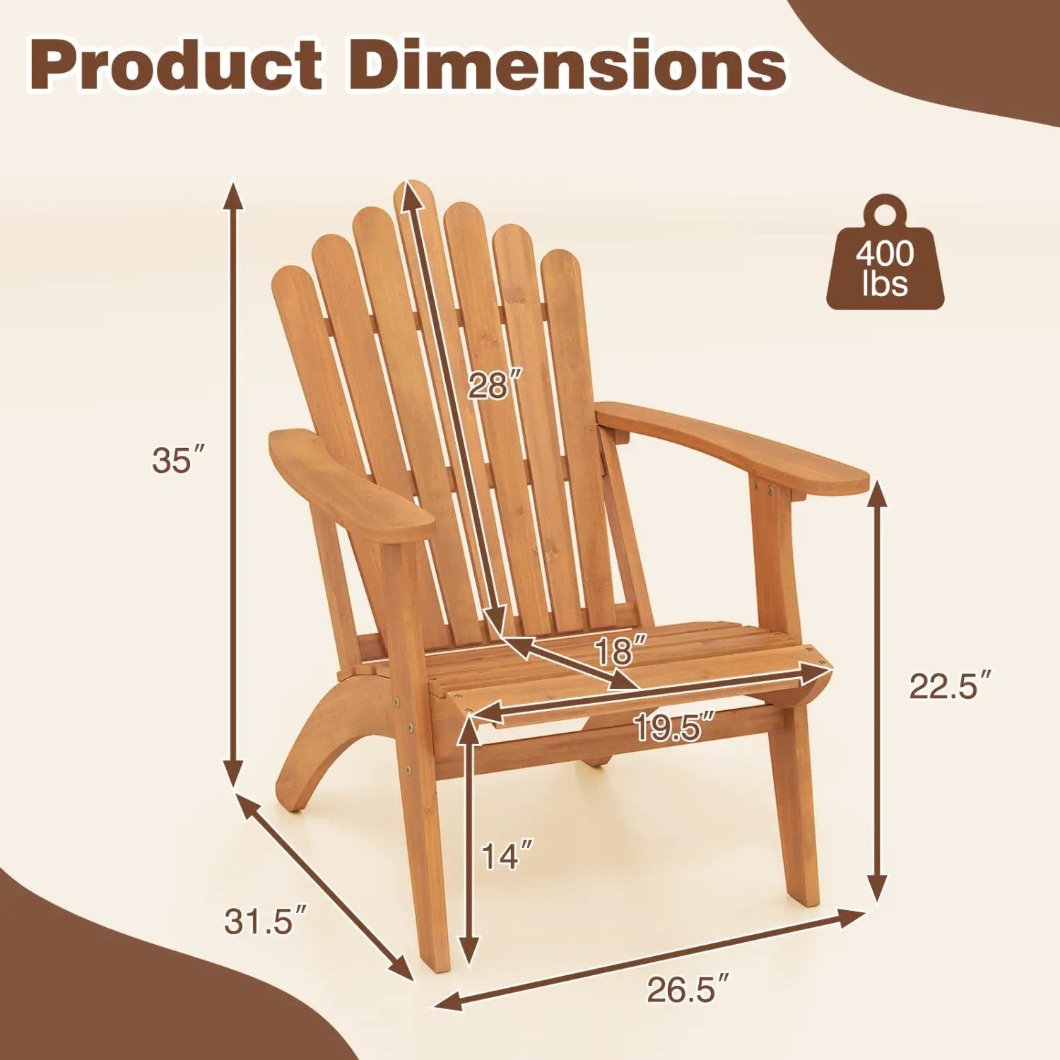 Acacia Wood Adirondack Chair - 400 lb Capacity by DirectDeals