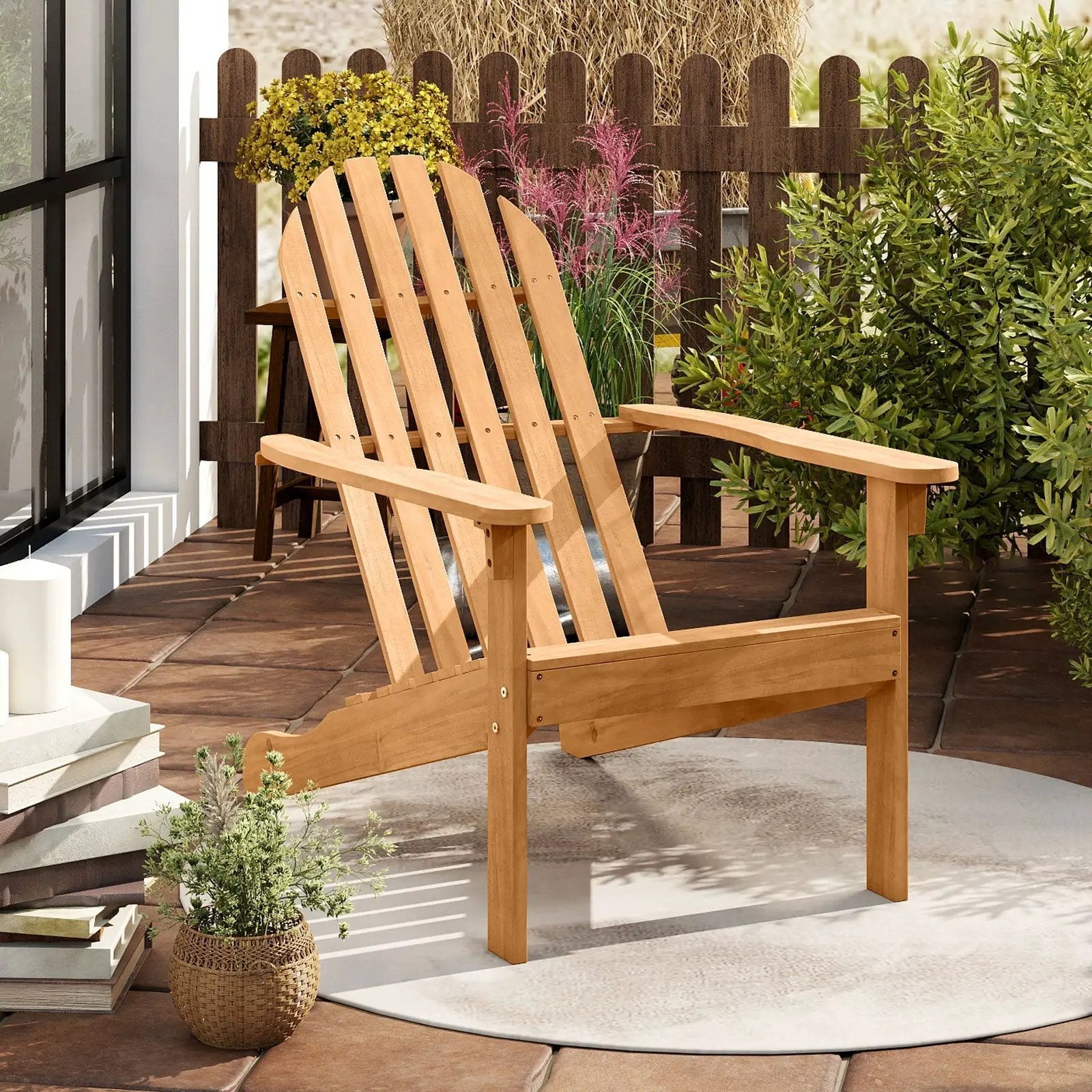 Acacia Wood Patio Adirondack Chair with Inclined Seat and High Backrest for Porch Poolside-Natural by DirectDeals