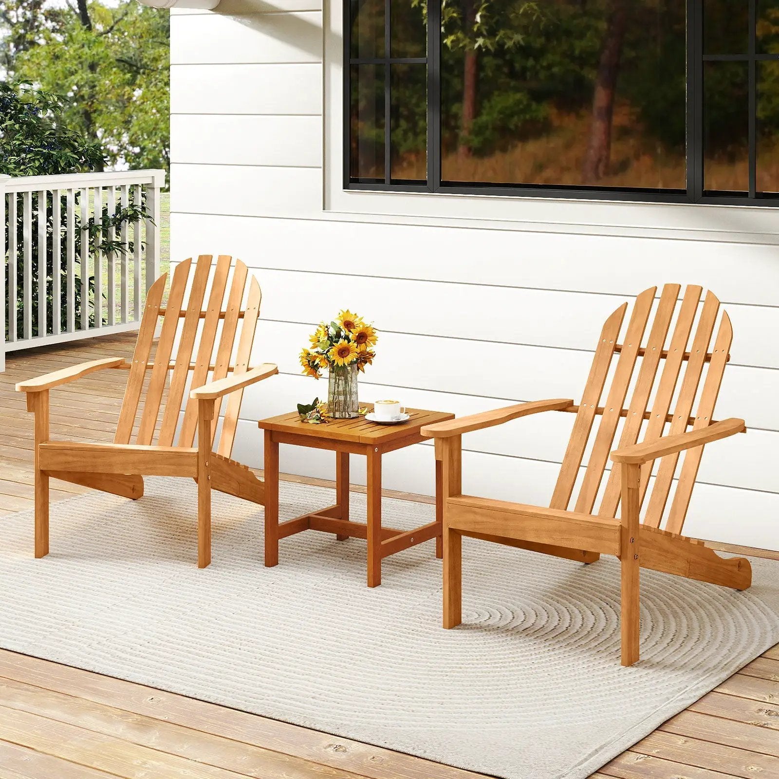 Acacia Wood Patio Adirondack Chair with Inclined Seat and High Backrest for Porch Poolside-Natural by DirectDeals