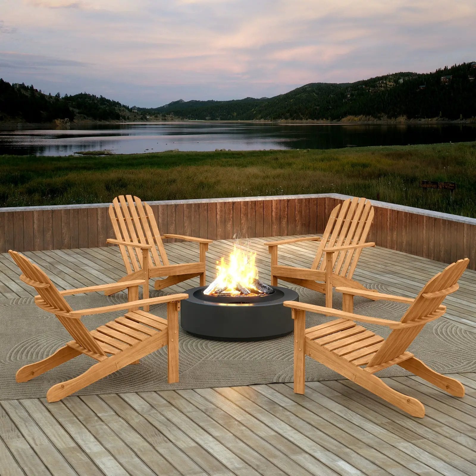 Acacia Wood Patio Adirondack Chair with Inclined Seat and High Backrest for Porch Poolside-Natural by DirectDeals