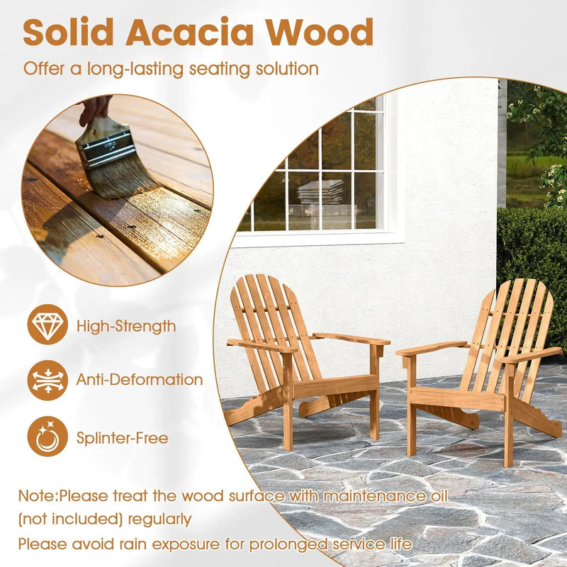 Acacia Wood Patio Adirondack Chair with Inclined Seat and High Backrest for Porch Poolside-Natural by DirectDeals