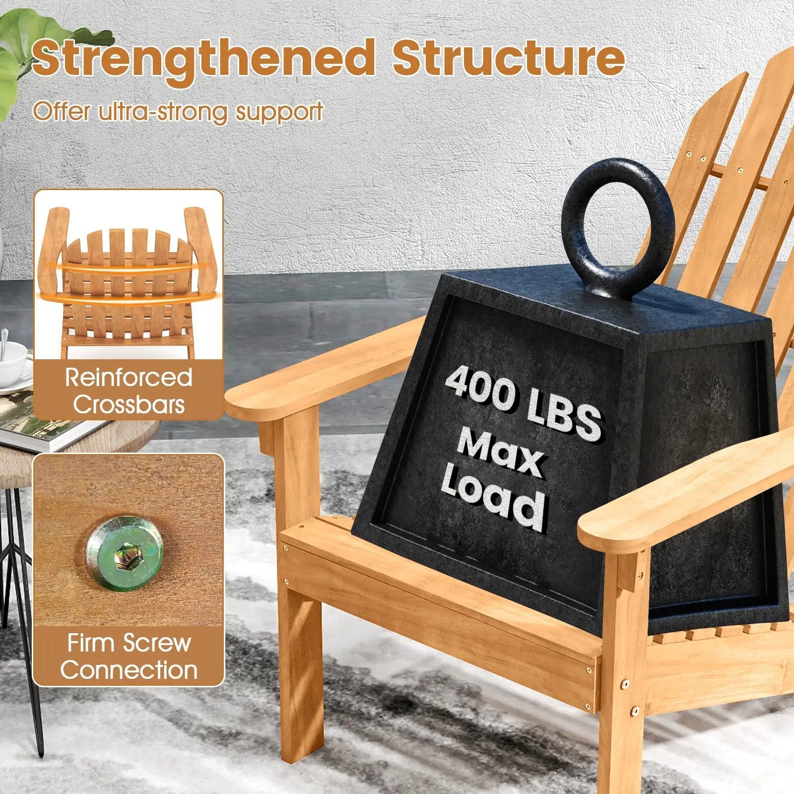 Acacia Wood Patio Adirondack Chair with Inclined Seat and High Backrest for Porch Poolside-Natural by DirectDeals