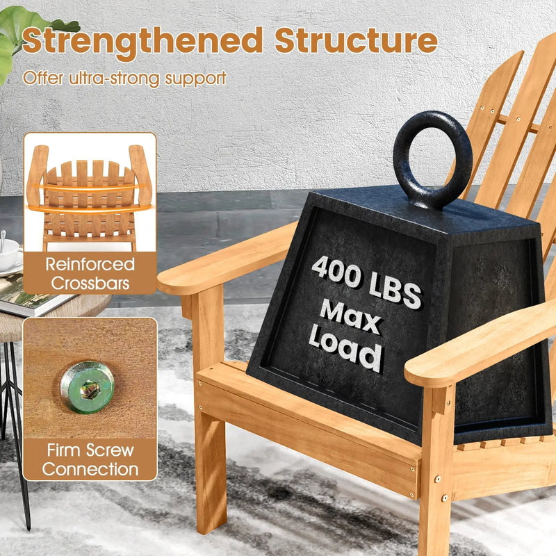 Acacia Wood Patio Adirondack Chair with Inclined Seat and High Backrest for Porch Poolside-Natural by DirectDeals