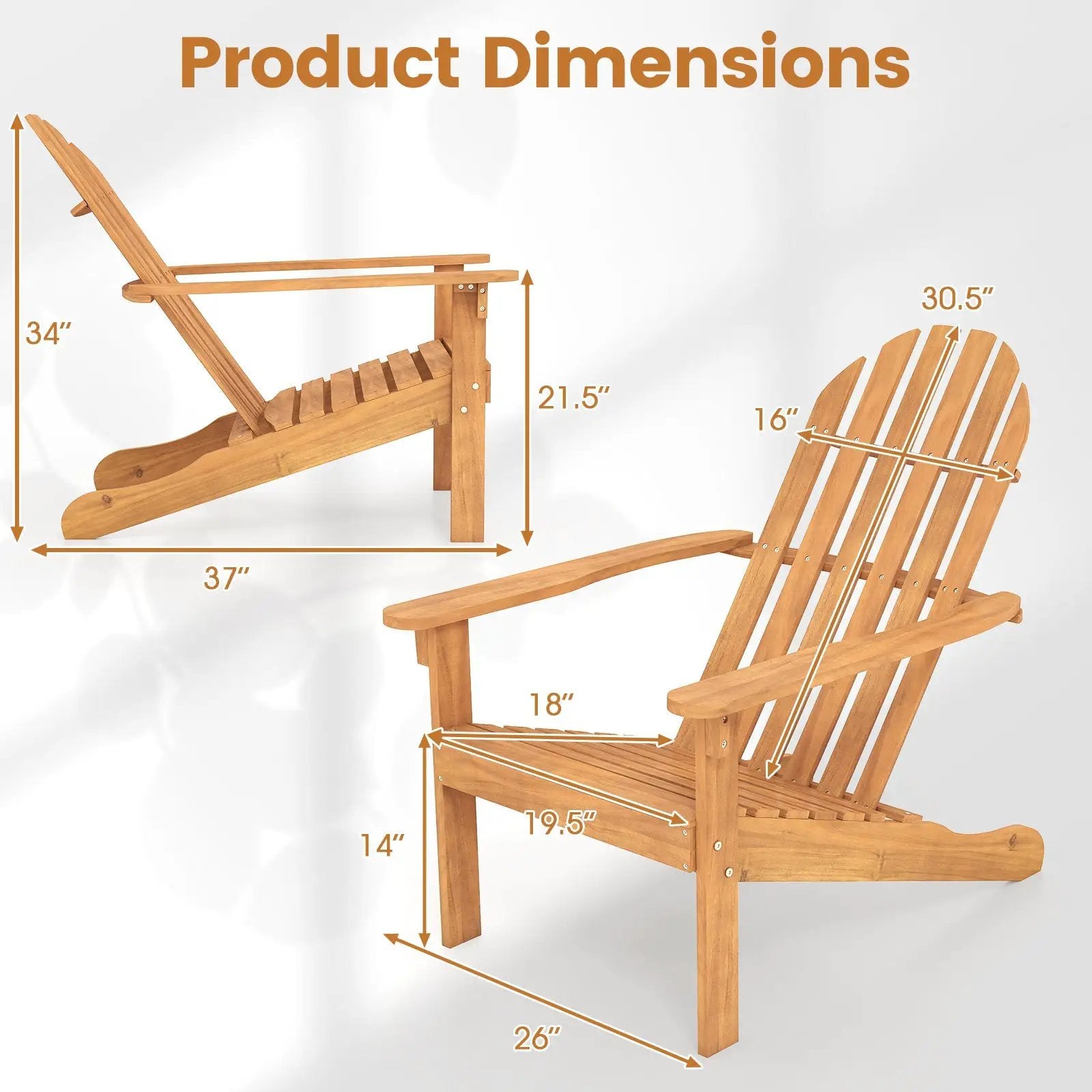Acacia Wood Patio Adirondack Chair with Inclined Seat and High Backrest for Porch Poolside-Natural by DirectDeals