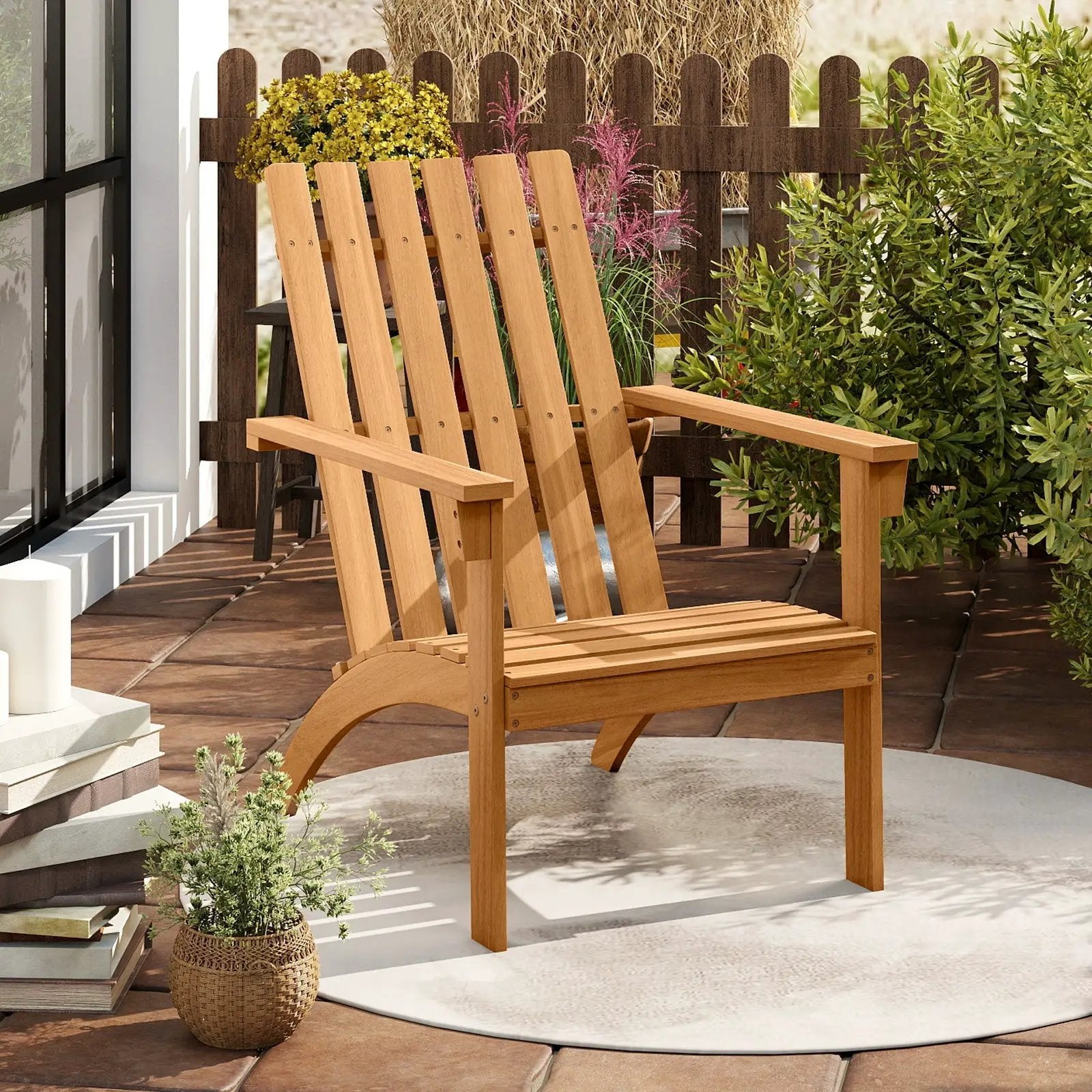 Acacia Wood Patio Adirondack Chair with Inclined Seat and High Backrest for Porch-Natural by DirectDeals