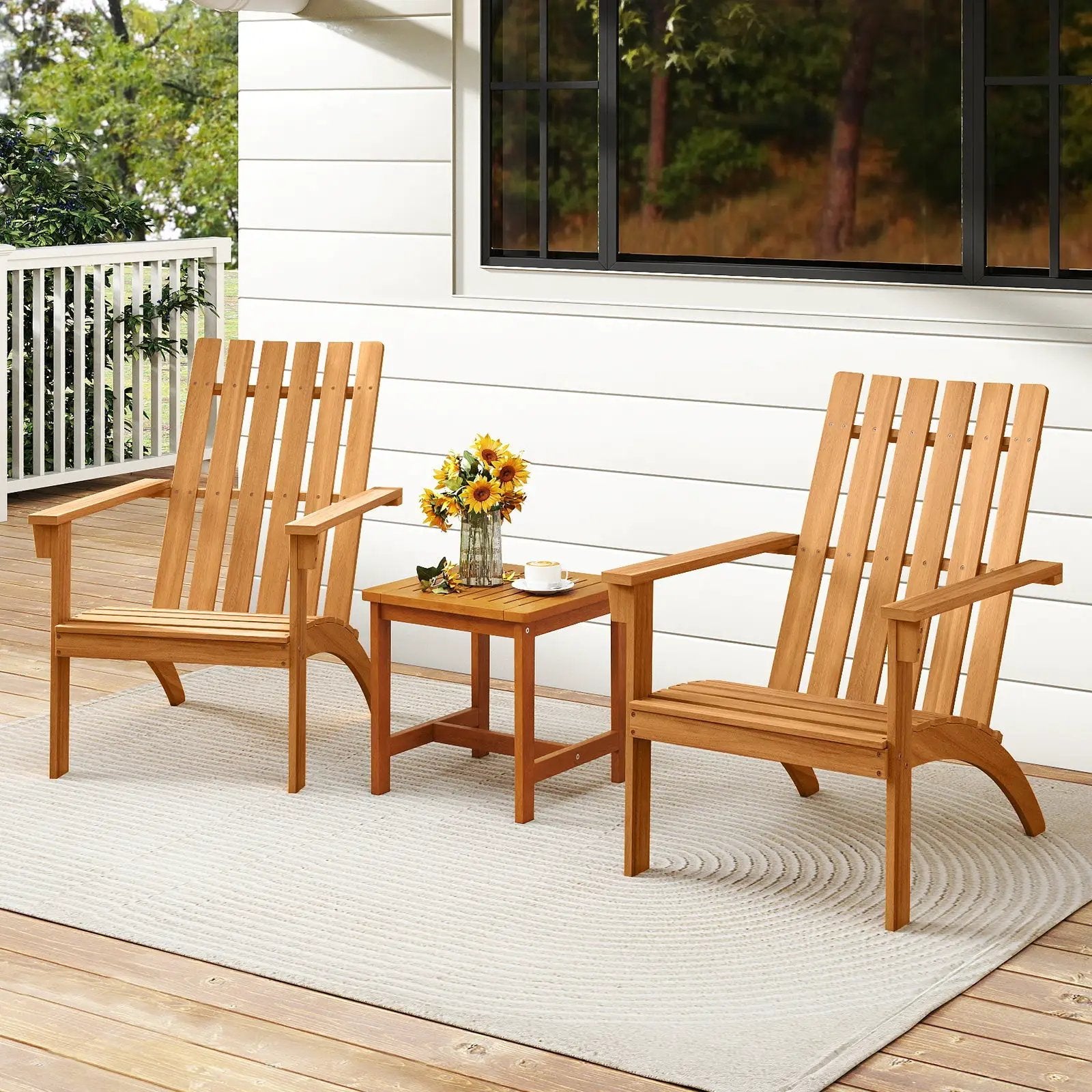 Acacia Wood Patio Adirondack Chair with Inclined Seat and High Backrest for Porch-Natural by DirectDeals