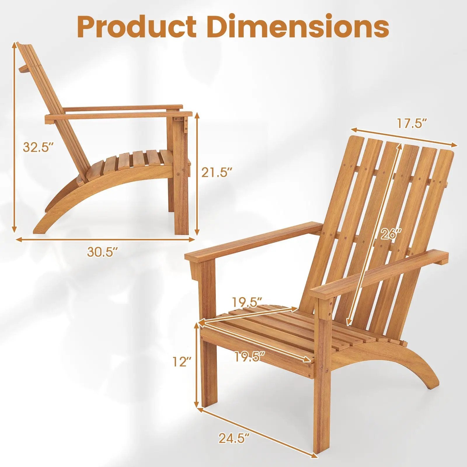 Acacia Wood Patio Adirondack Chair with Inclined Seat and High Backrest for Porch-Natural by DirectDeals