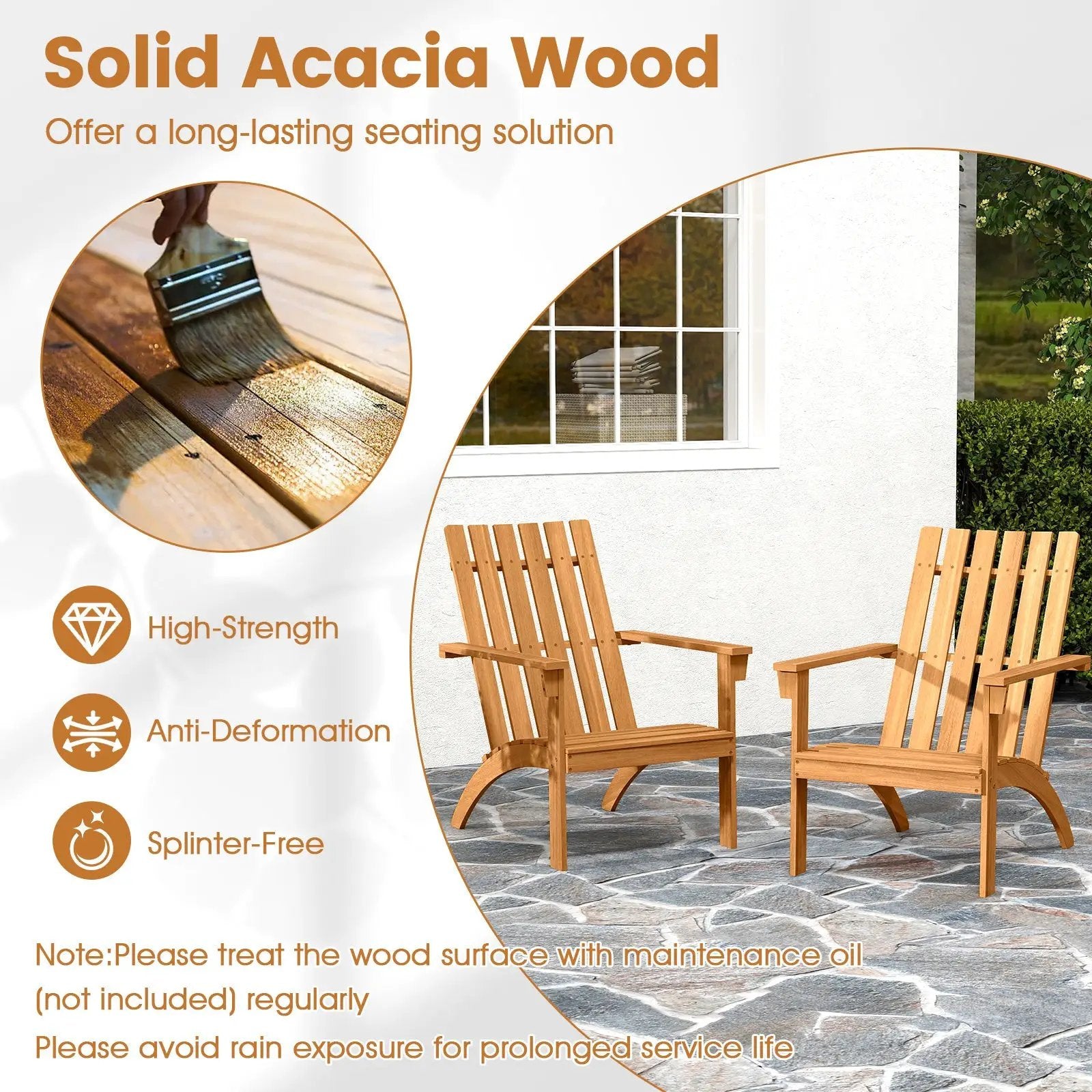 Acacia Wood Patio Adirondack Chair with Inclined Seat and High Backrest for Porch-Natural by DirectDeals