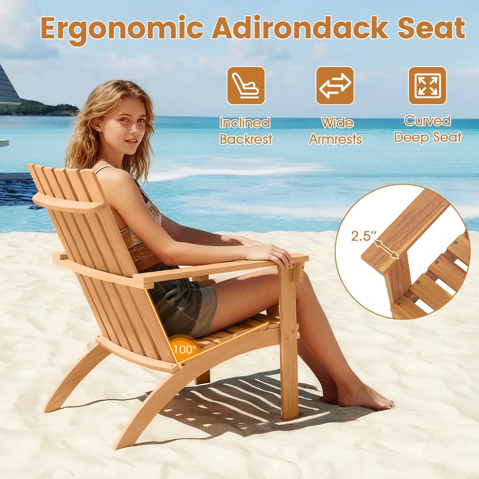 Acacia Wood Patio Adirondack Chair with Inclined Seat and High Backrest for Porch-Natural by DirectDeals