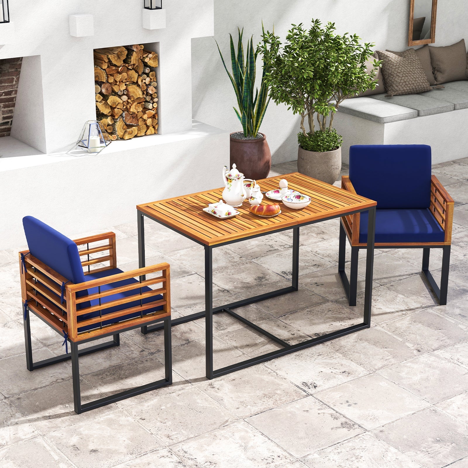 Acacia Wood Patio Dining Table with Metal Frame-Navy by DirectDeals