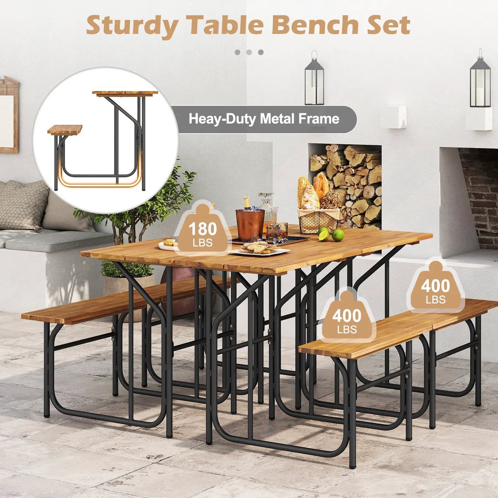 Acacia Wood Patio Table Bench Set One-Side Picnic Table and Seat by DirectDeals