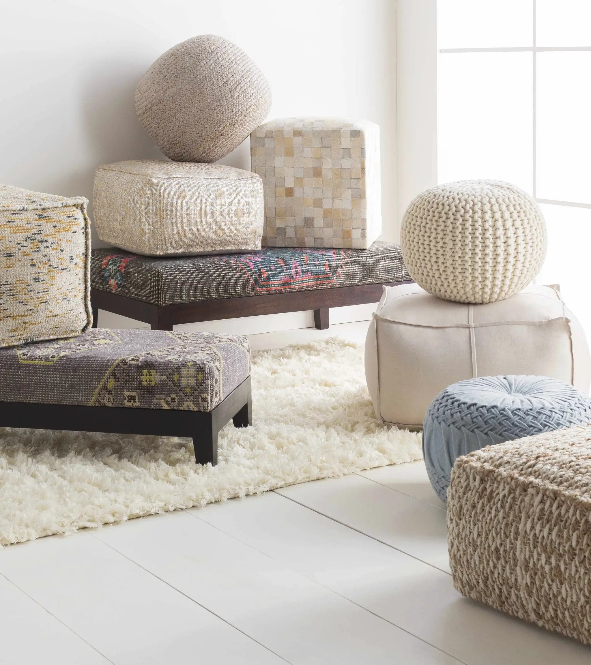 Rockaway Gray Knitted Jute Pouf by Boutique Rugs