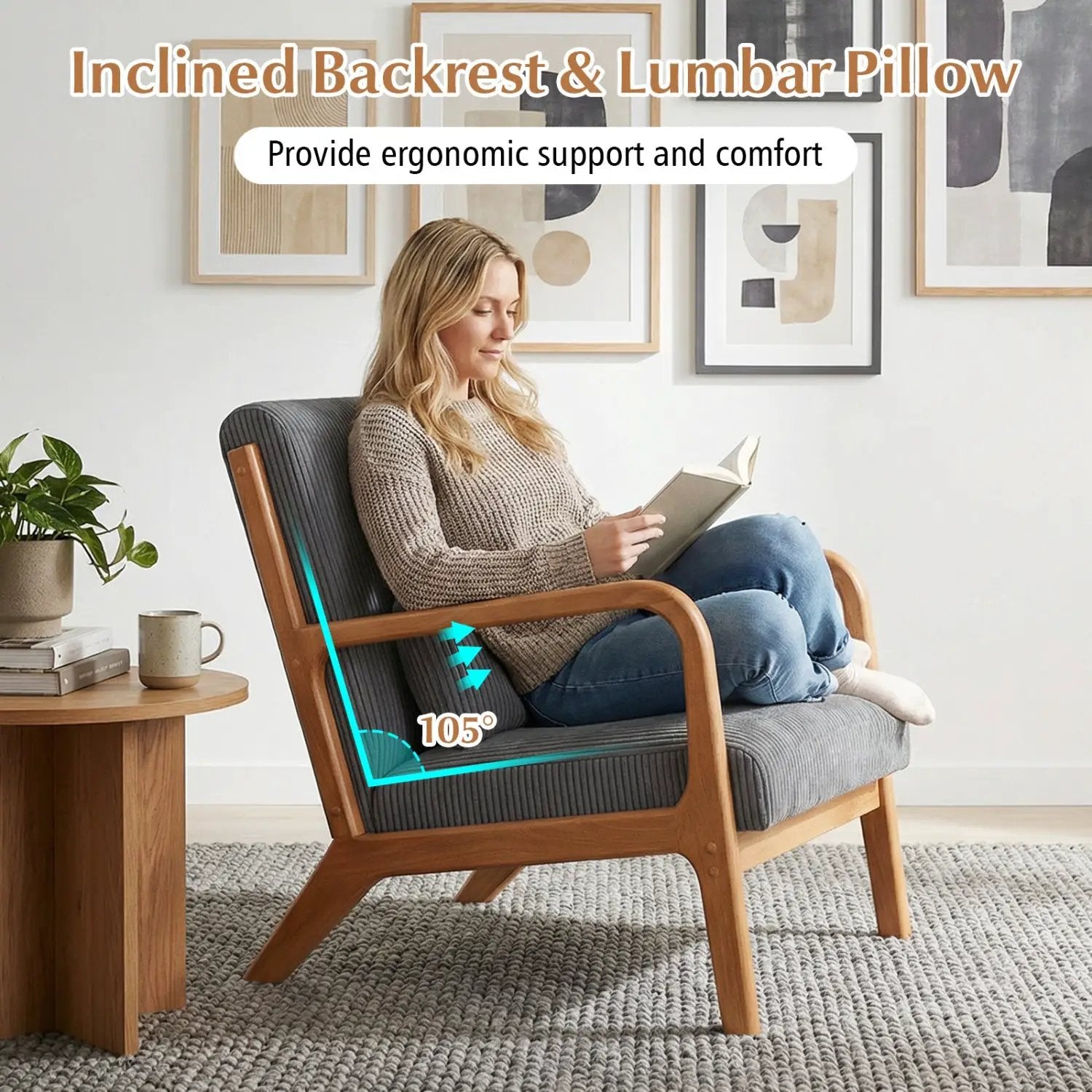 Accent Chair Corduroy Upholstered Lounge Chair with Lumbar Pillow by DirectDeals