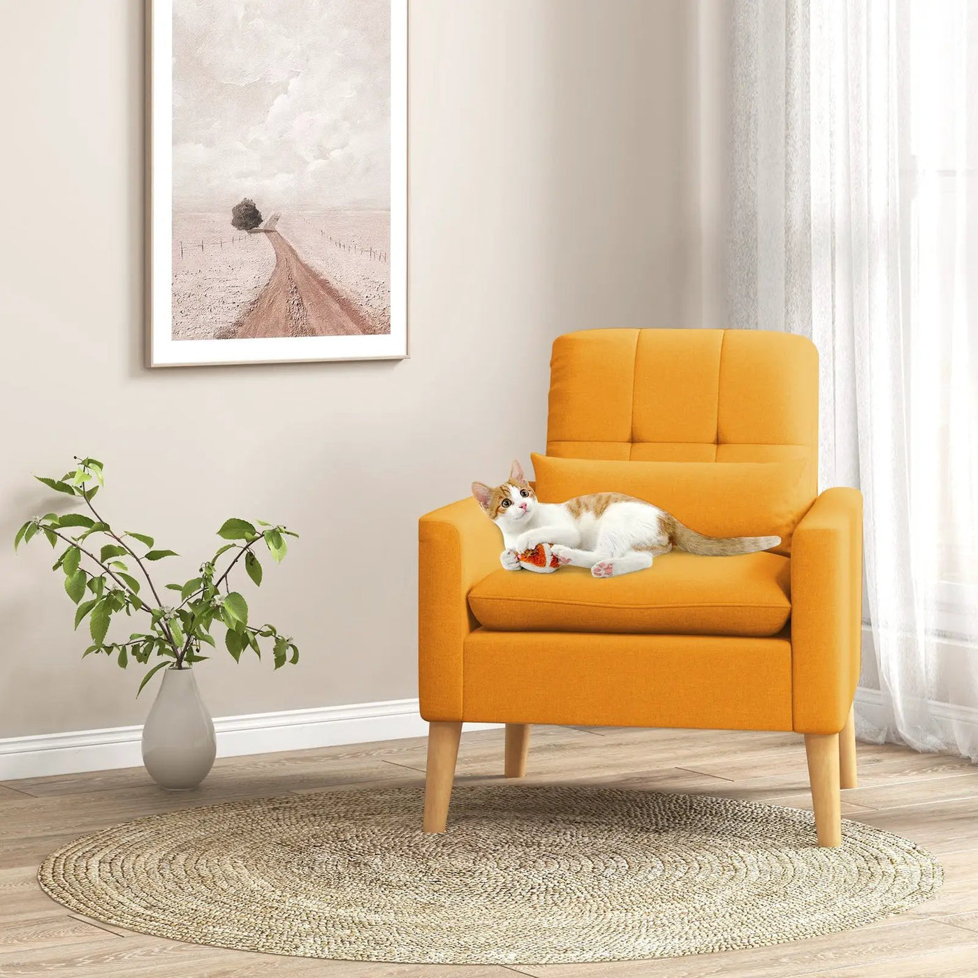 Accent Chair with Lumbar Pillow Natural Rubber Wood Legs Padded Cushions by DirectDeals