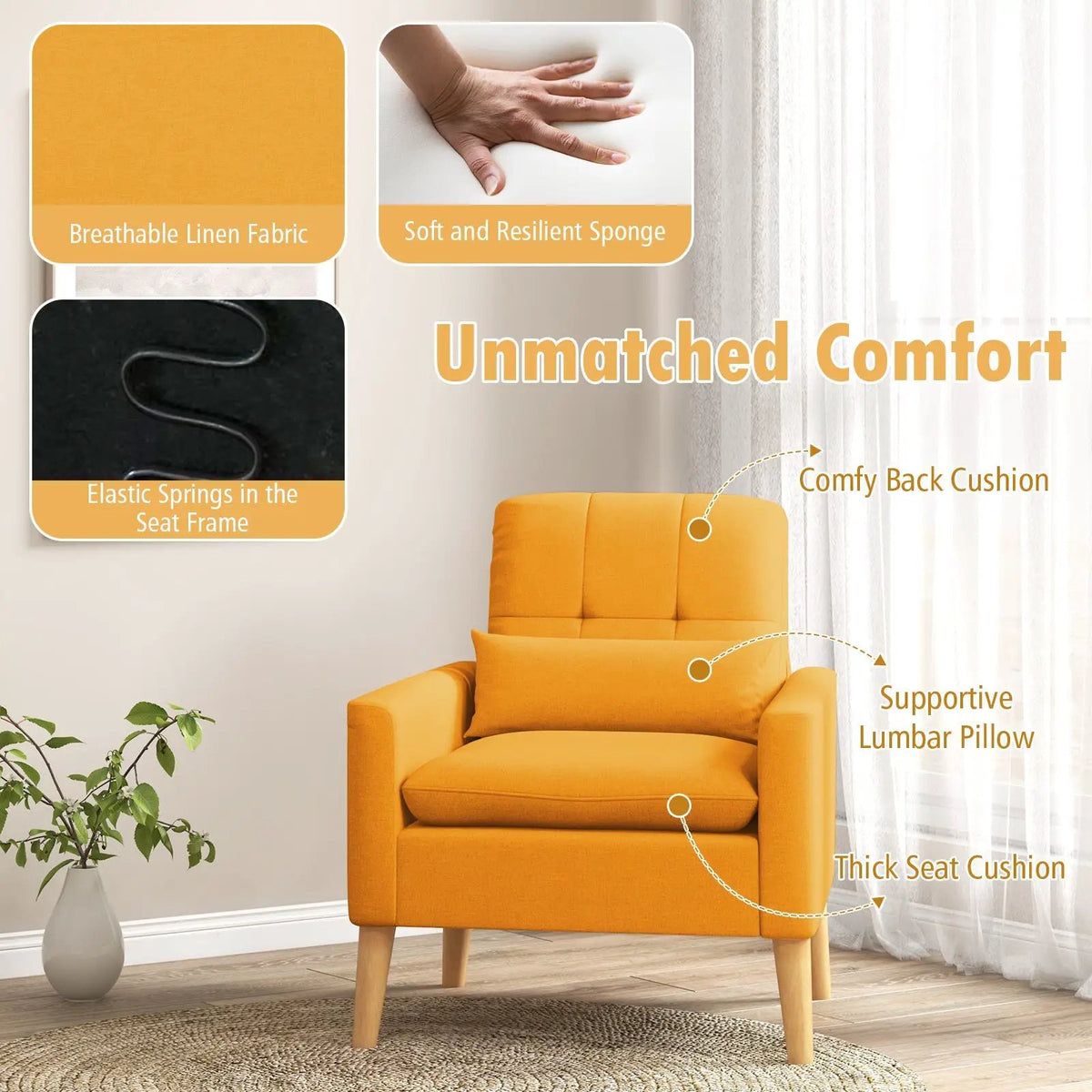 Accent Chair with Lumbar Pillow Natural Rubber Wood Legs Padded Cushions by DirectDeals