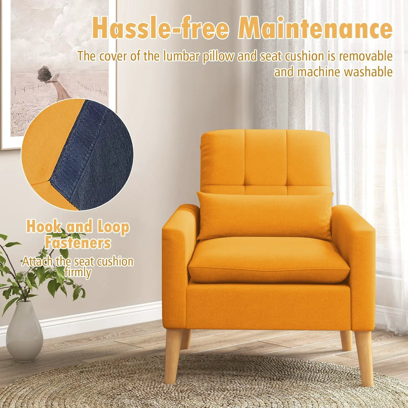 Accent Chair with Lumbar Pillow Natural Rubber Wood Legs Padded Cushions by DirectDeals