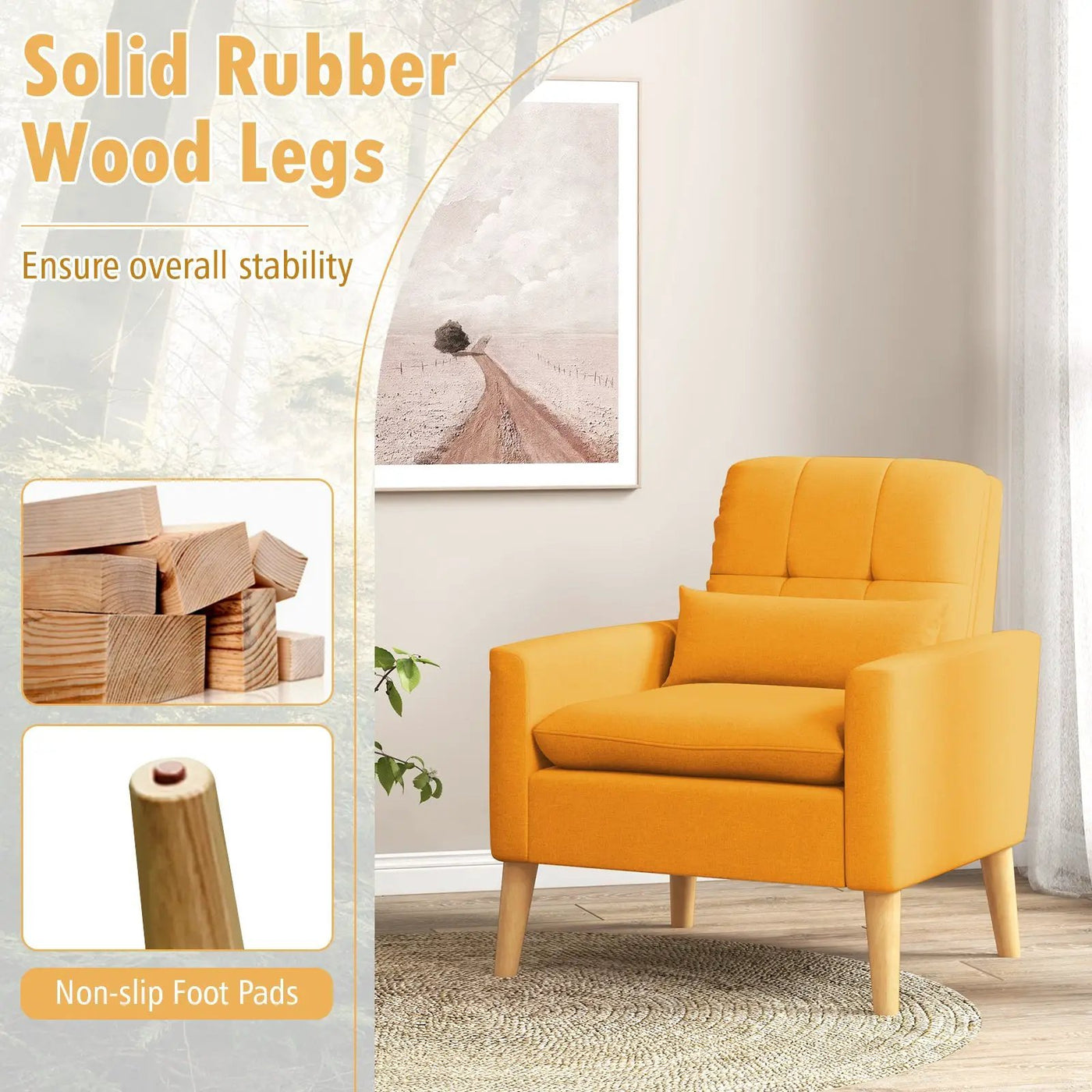 Accent Chair with Lumbar Pillow Natural Rubber Wood Legs Padded Cushions by DirectDeals