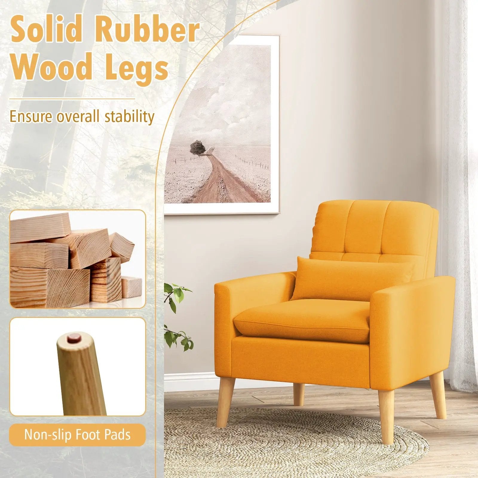 Accent Chair with Lumbar Pillow Natural Rubber Wood Legs Padded Cushions by DirectDeals