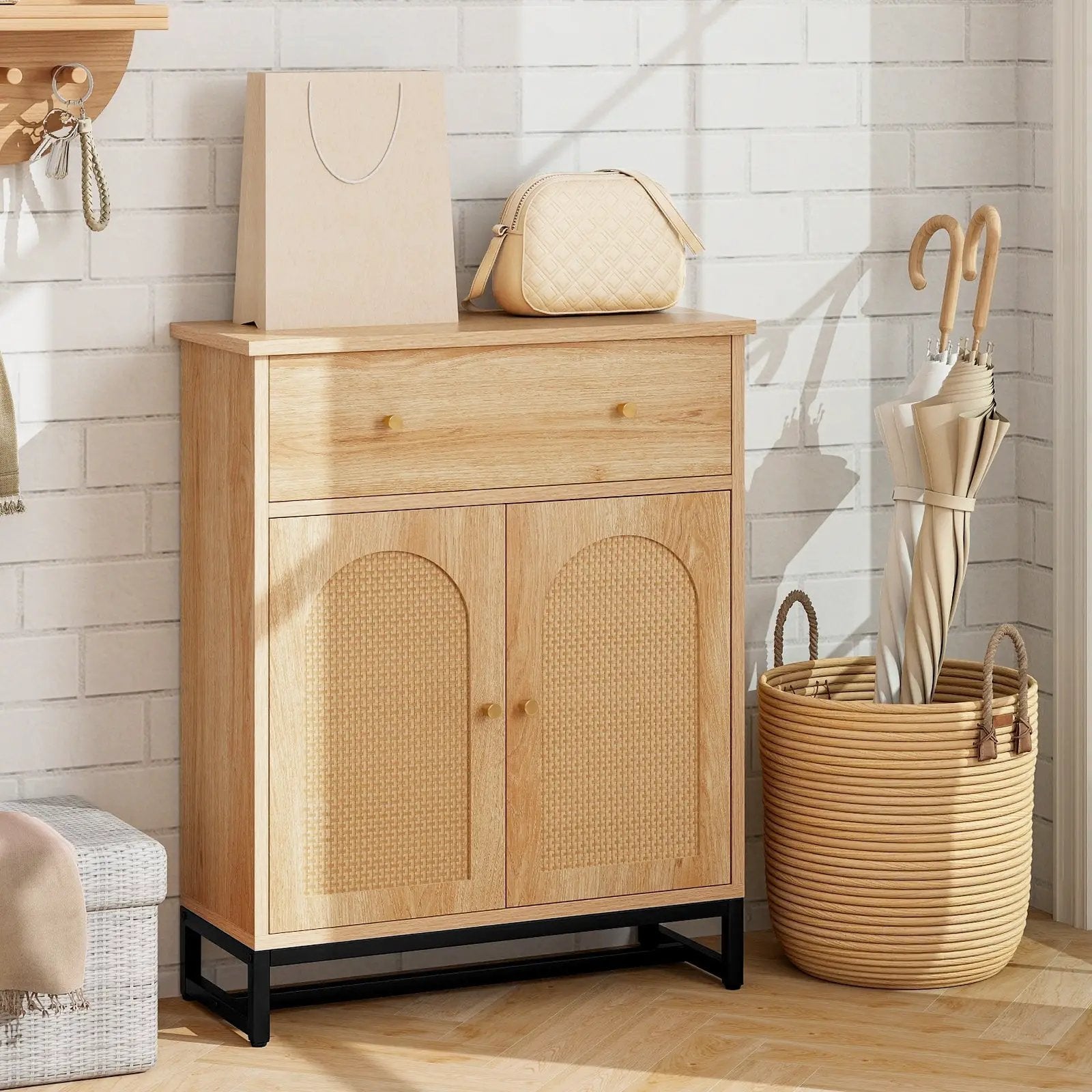 Accent Floor Storage Cabinet with Rattan Doors and Drawer-Natural by DirectDeals