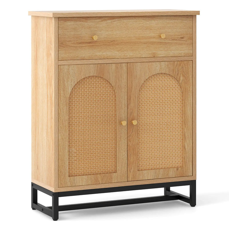 Accent Floor Storage Cabinet with Rattan Doors and Drawer-Natural by DirectDeals