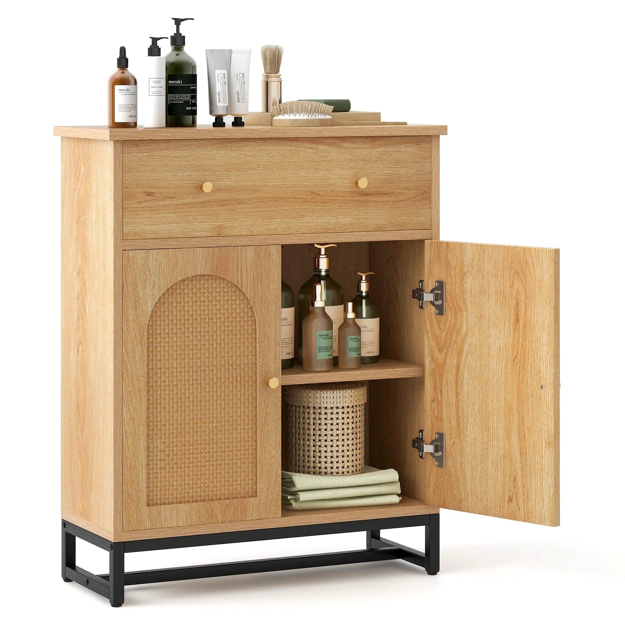 Accent Floor Storage Cabinet with Rattan Doors and Drawer-Natural by DirectDeals
