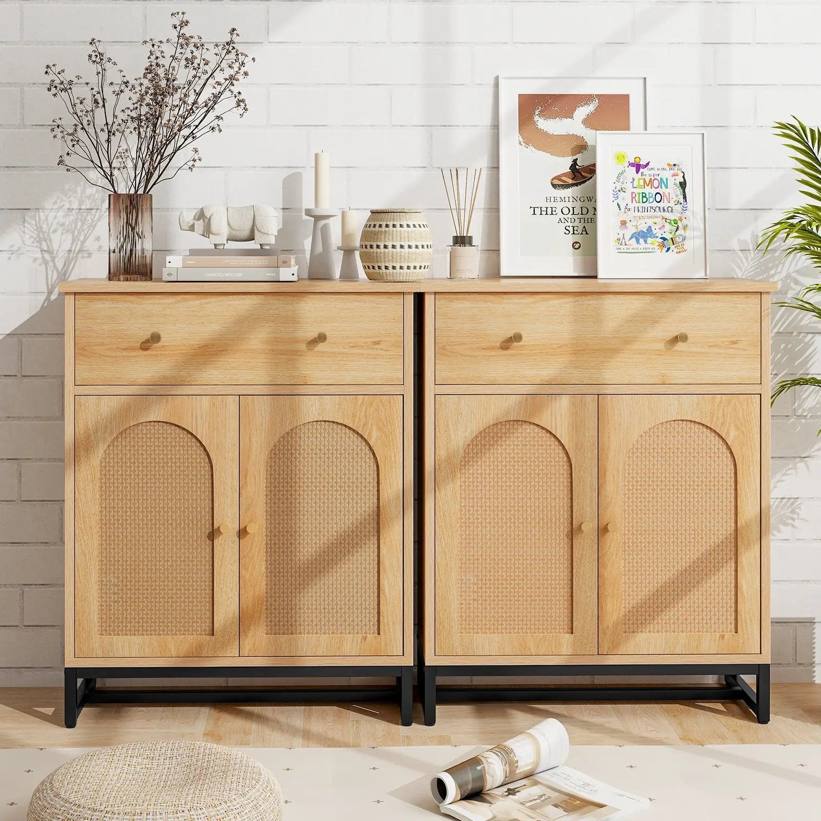 Accent Floor Storage Cabinet with Rattan Doors and Drawer-Natural by DirectDeals