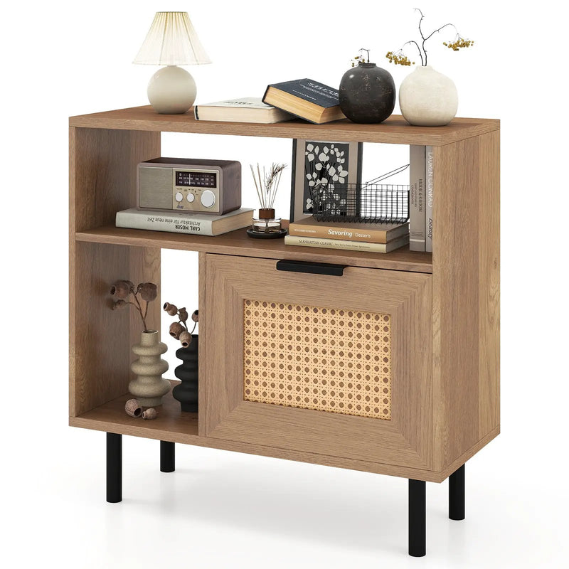 Accent Side End Table with Storage Shelf and Cabinet for Small Space-Natural by DirectDeals