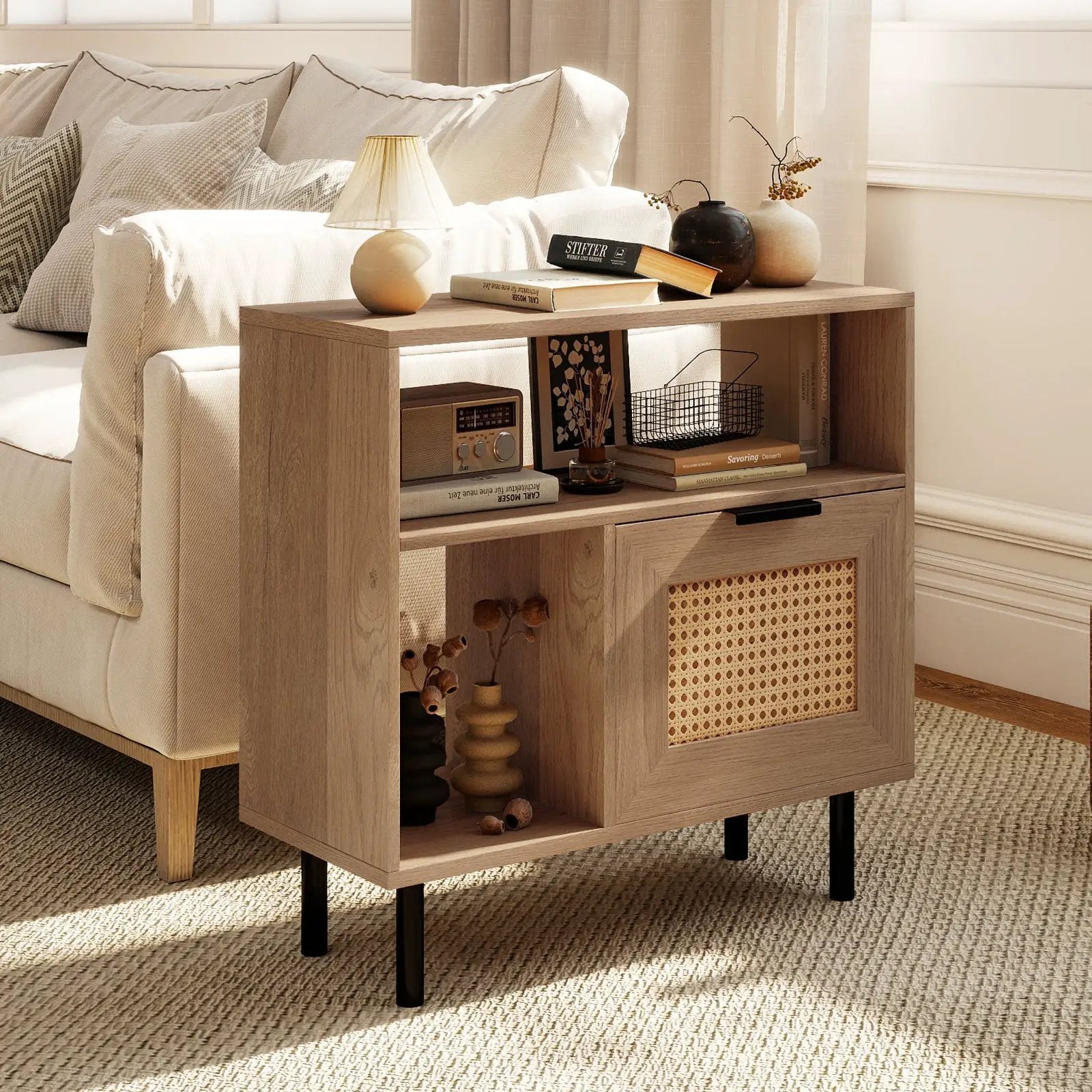 Accent Side End Table with Storage Shelf and Cabinet for Small Space-Natural by DirectDeals