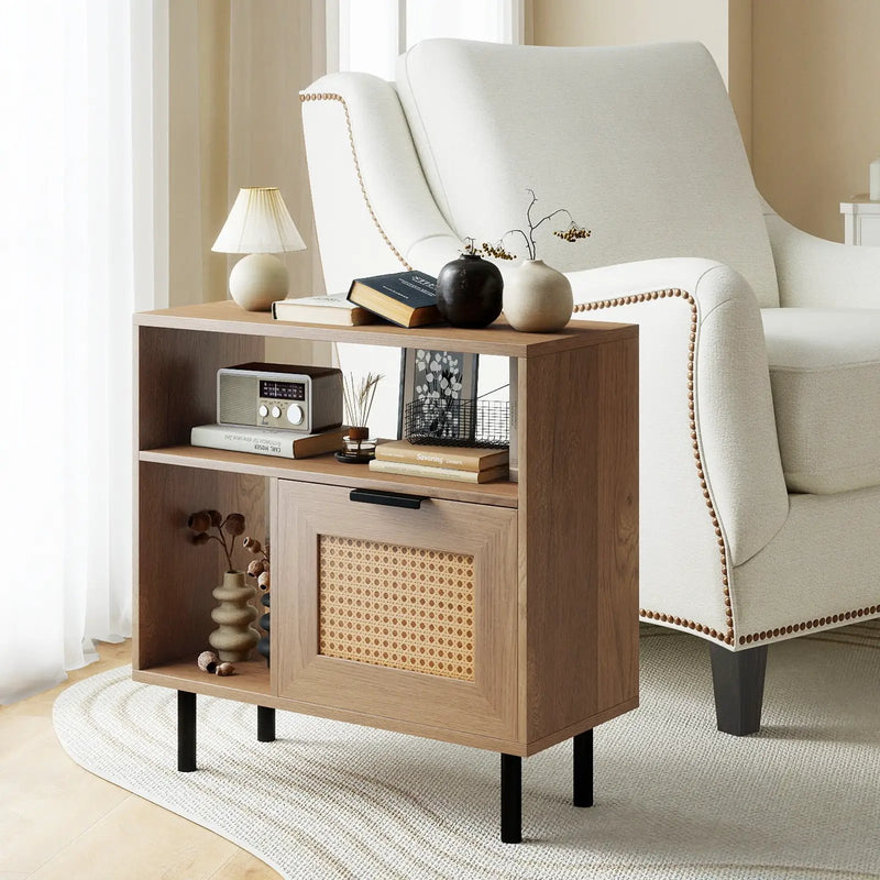 Accent Side End Table with Storage Shelf and Cabinet for Small Space-Natural by DirectDeals