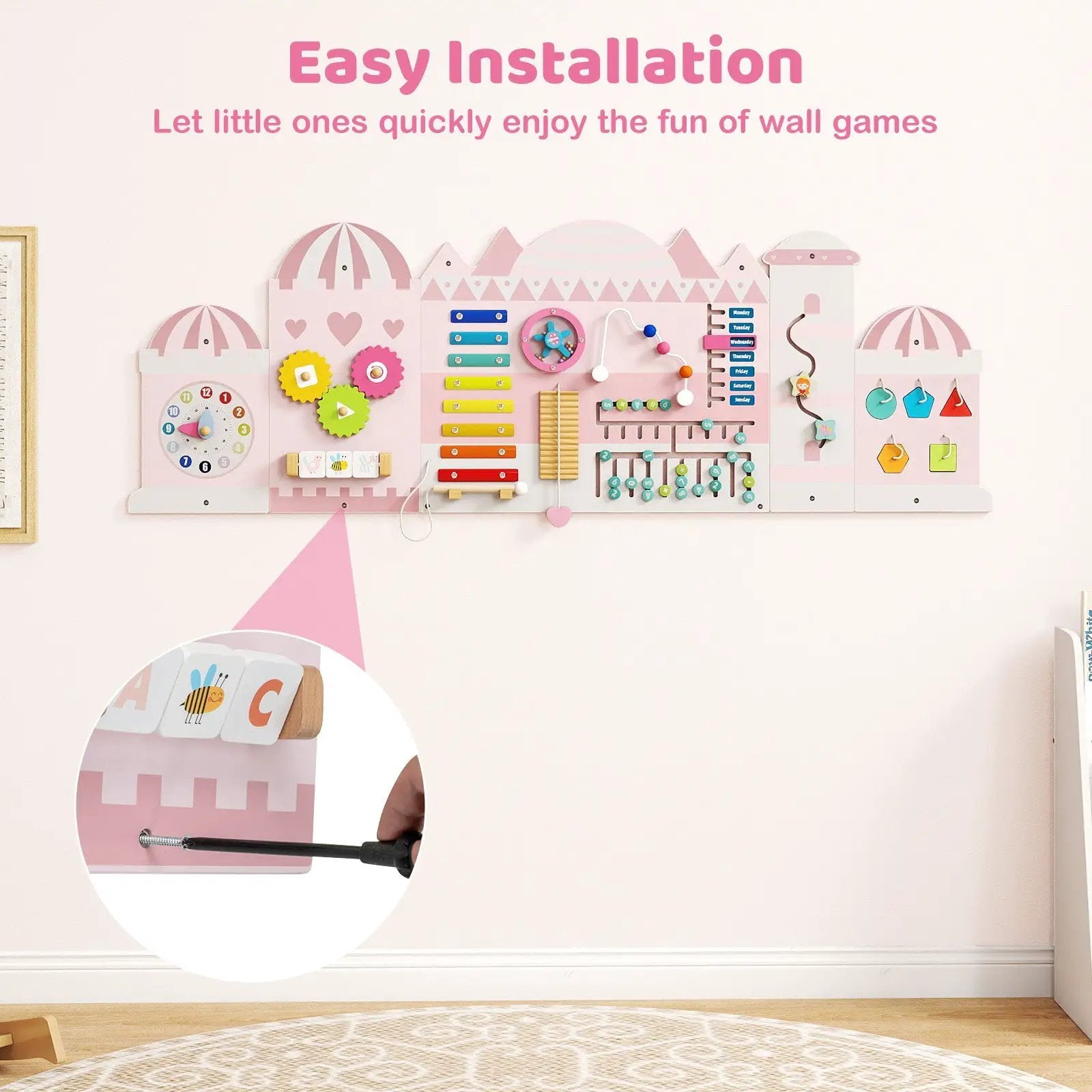 Activity Wall Busy Board Panels for Toddlers Wooden Sensory Board-Pink by DirectDeals